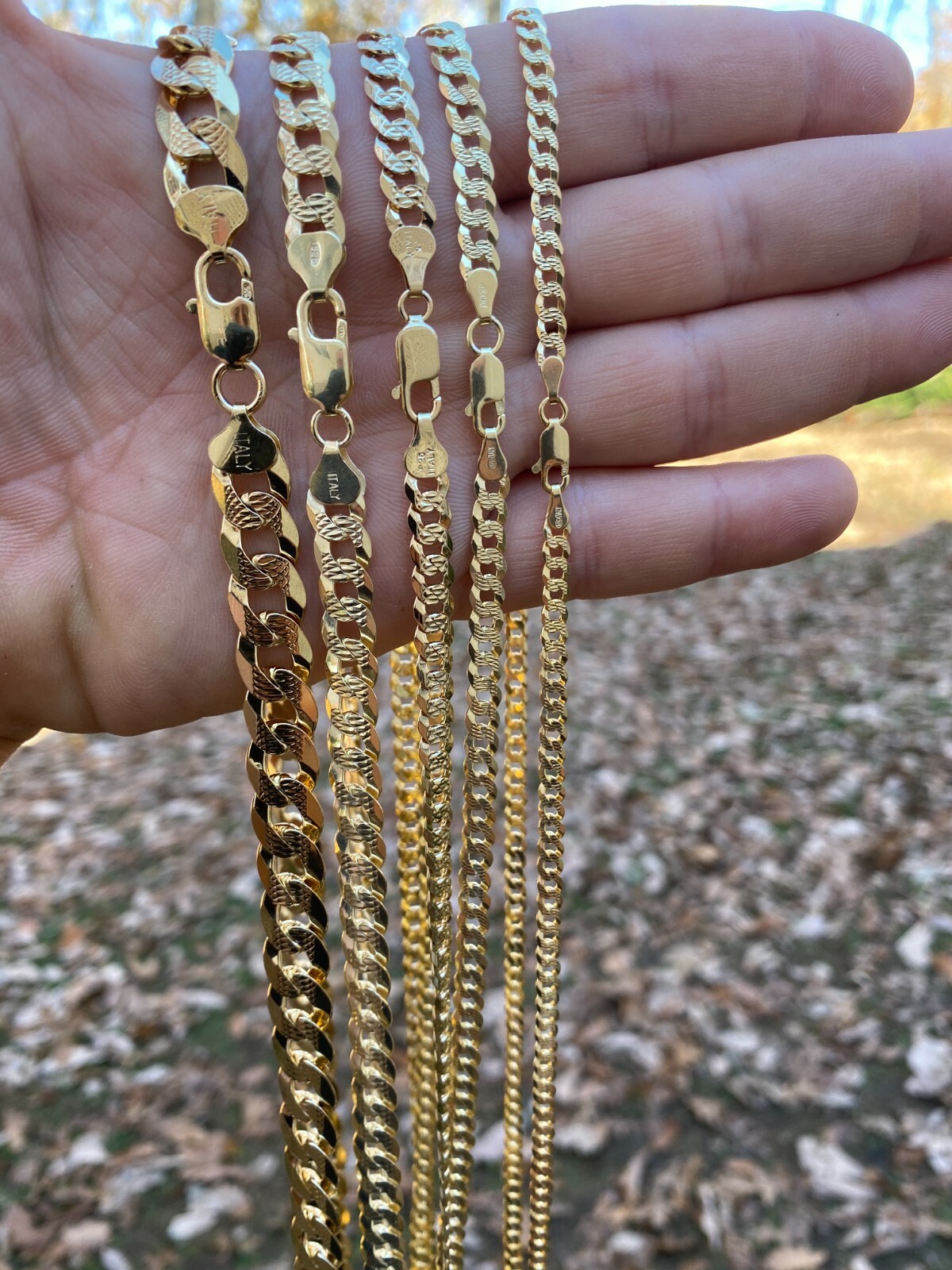 Cadena CUBANA De Plata De Ley 925 Bañada En Oro De 14K Corte Diamante de 4-11MM