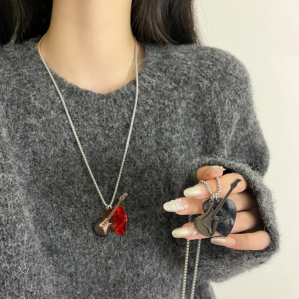 Hip-hop Guitar Pick Necklace Titanium Steel Trendy Guitar Pendant Chain Punk Vin