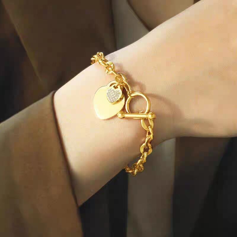 Gold Plated Alloy Chain Link Dual Heart Dangle CZ Pave OT Toggle Clasp Bracelet