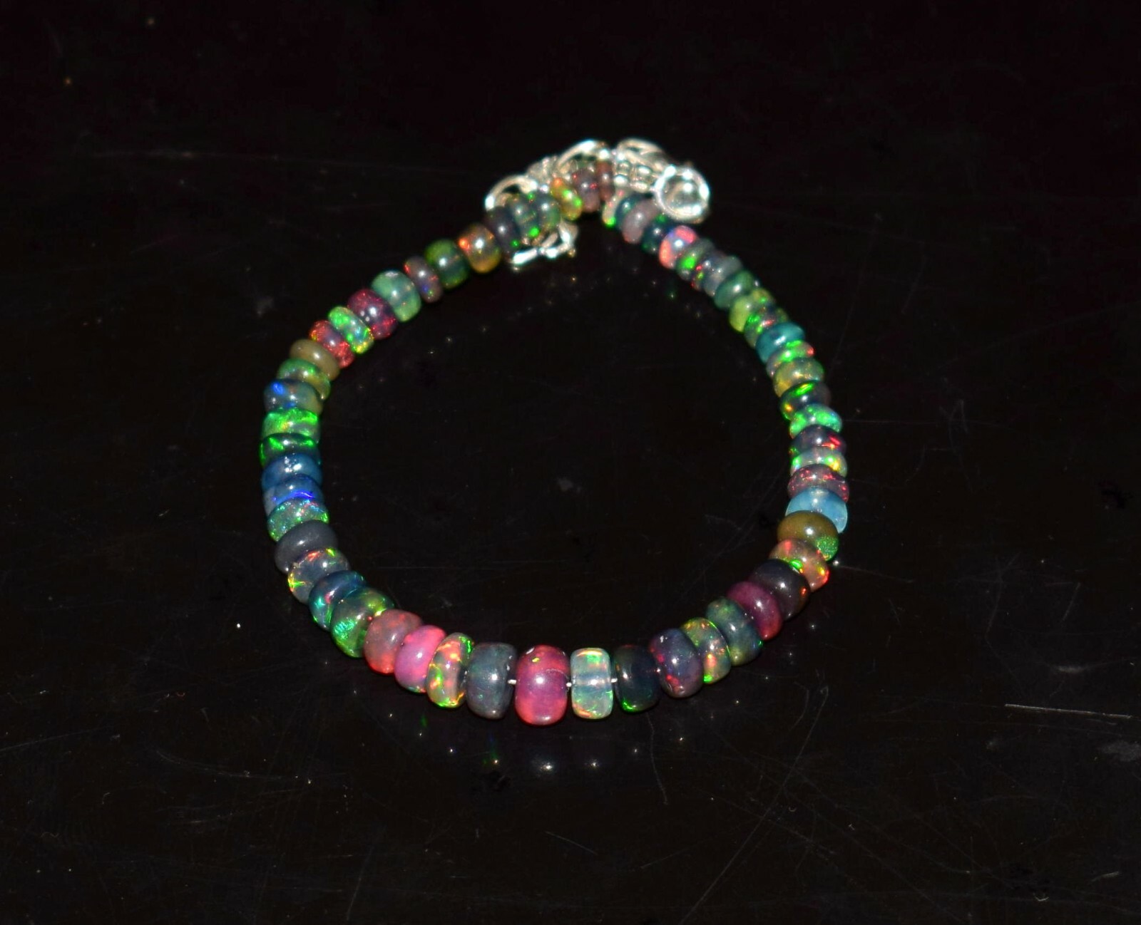 Solid 925 Sterling Silver Natural Ethiopian Opal Gemstone Beads 7″Bracelet F0362