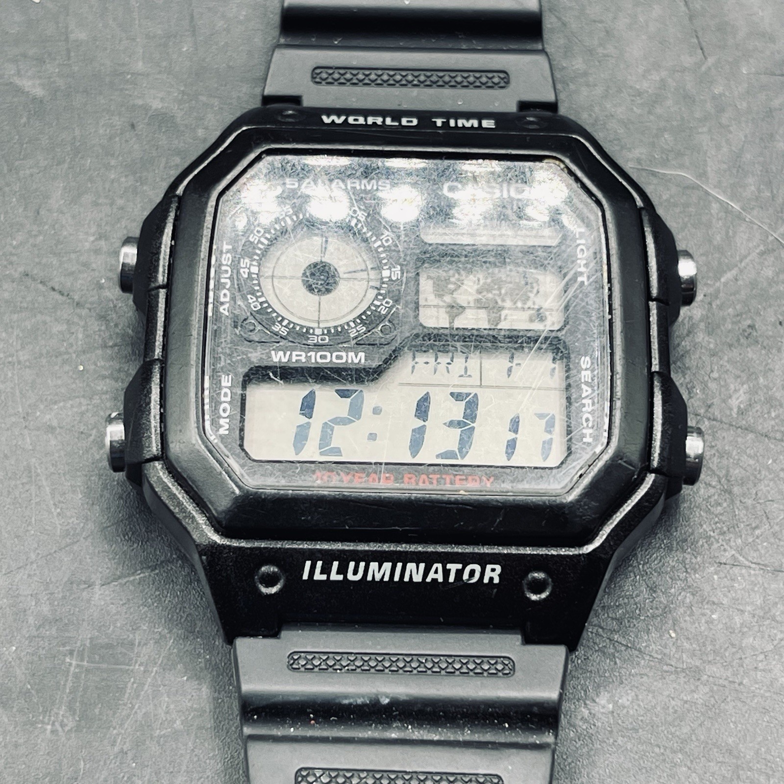 Casio Mens Watch 40mm Black Grey Digital World Time Illuminator 3299 AE-1200WH