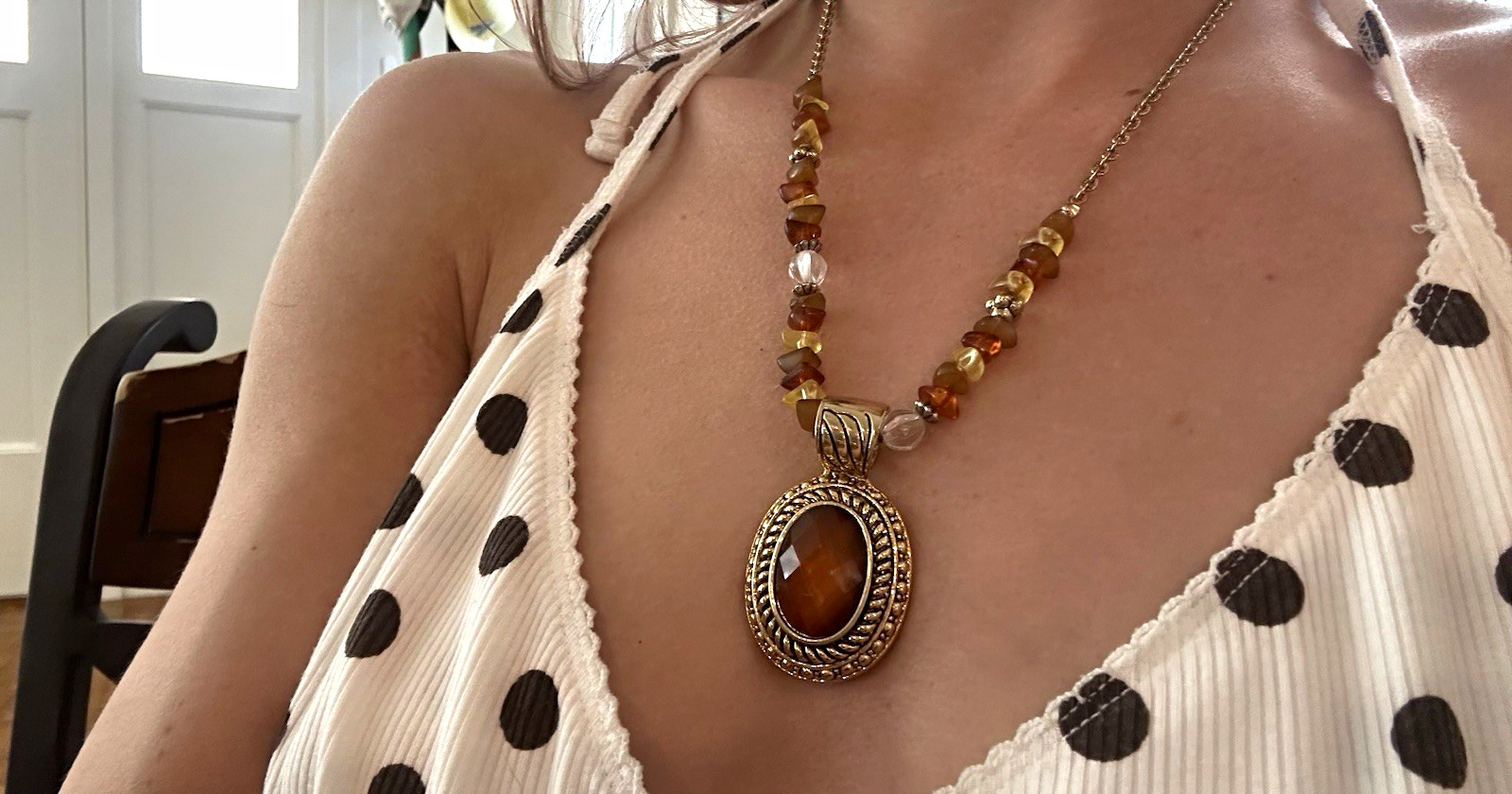 Gold Tone Beaded Ball Chain Necklace with Oval Brown Pendant Charm