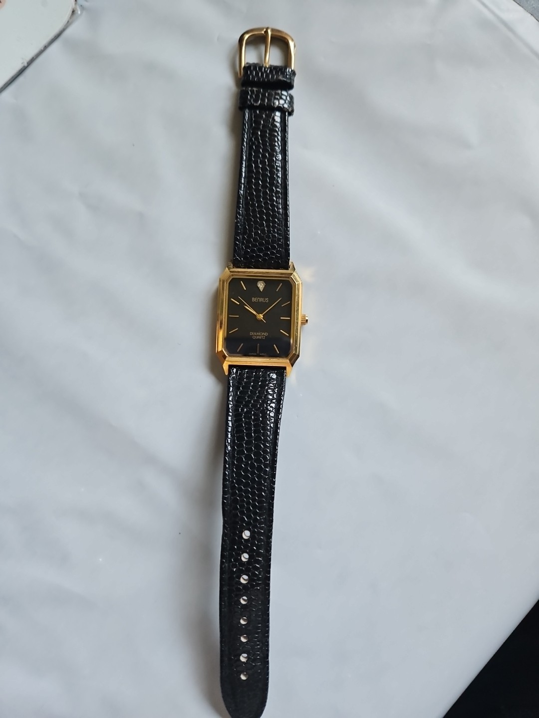 Men’s Benrus Diamond Quartz Watch,Black Dial W/Black Leather Band HK GOLD Buckle