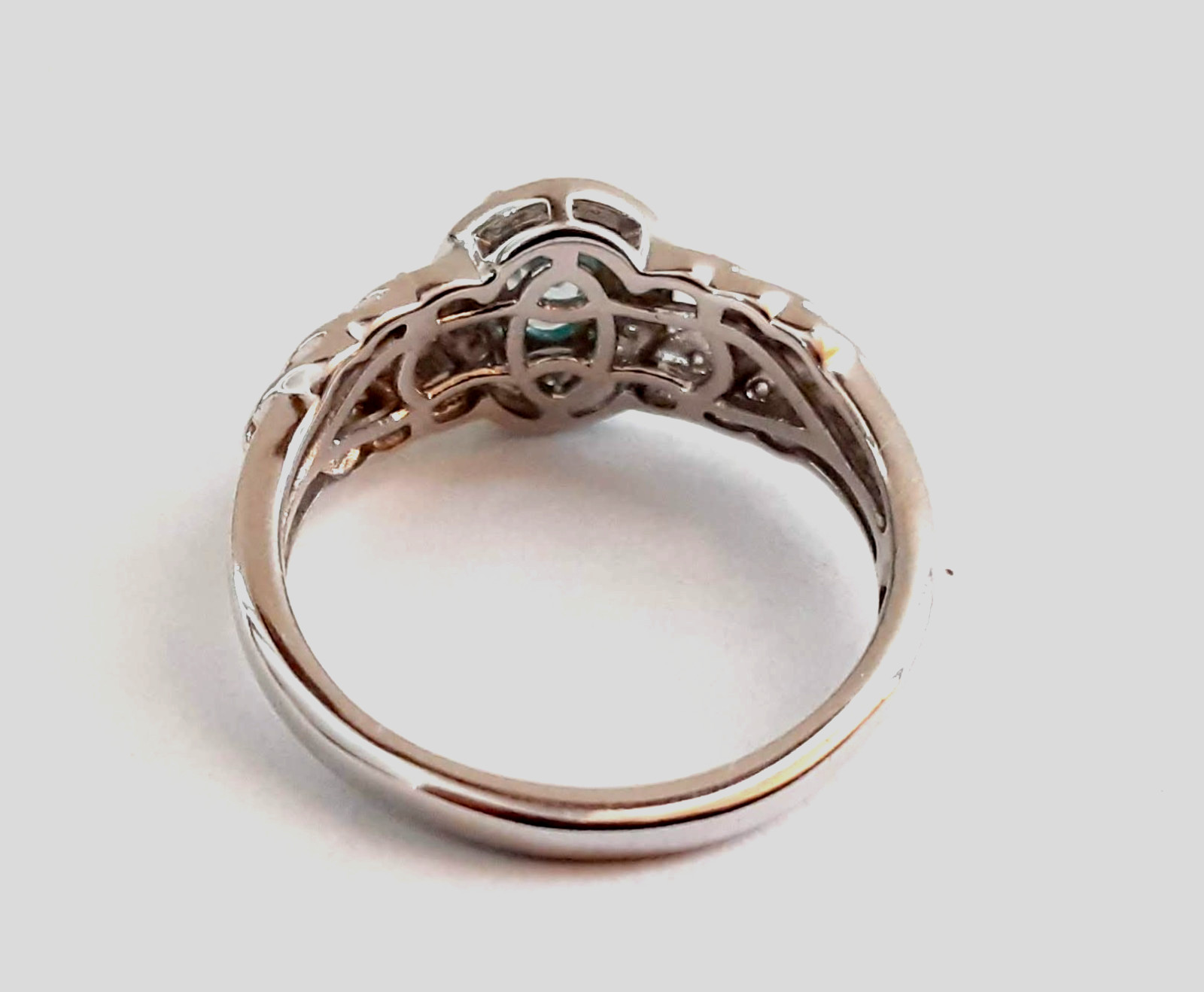 Cambodian Blue Zircon Moissanite Fern Leaf Ring S. Silver Rhodium Overlay Sz 7