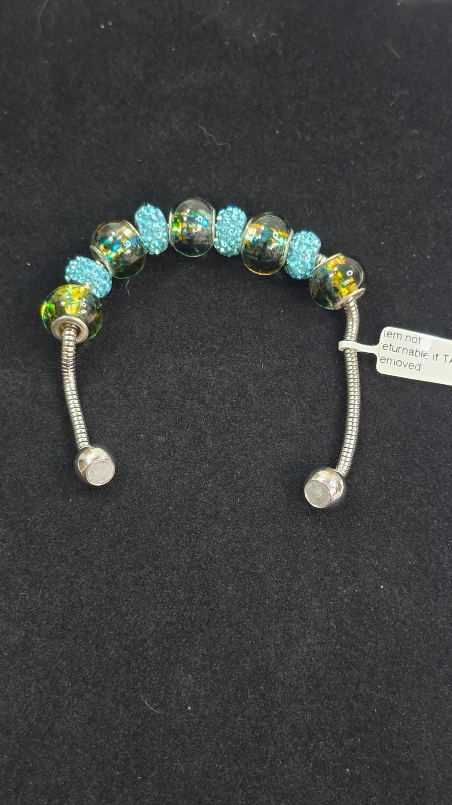 Silver Tone Snake Chain Magnetic Clasp Beaded European Charm Bracelet Blue 8in