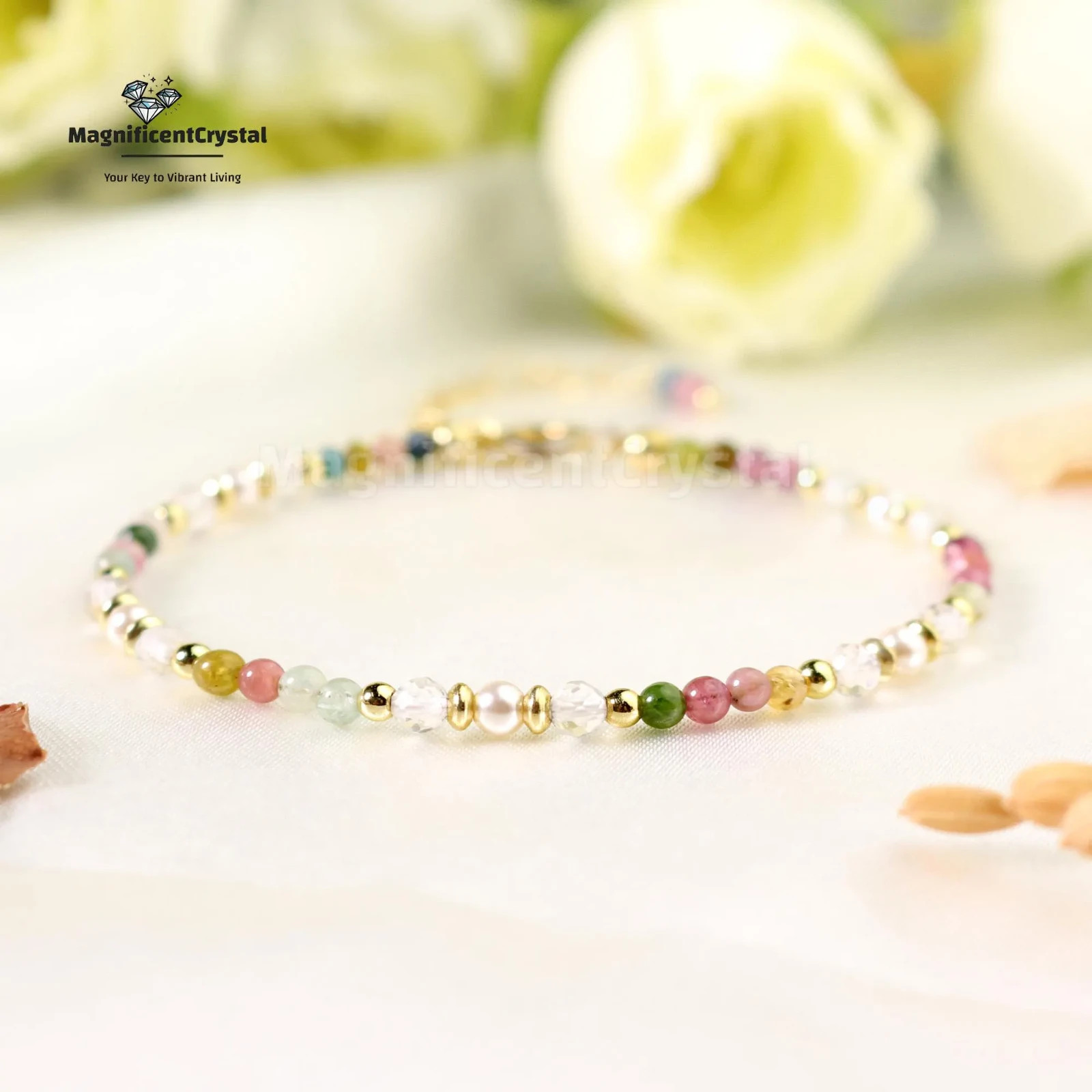 Rainbow Tourmaline Pearl Bracelet Minimalist Beaded Multi-Stone Crystal Boho Gif