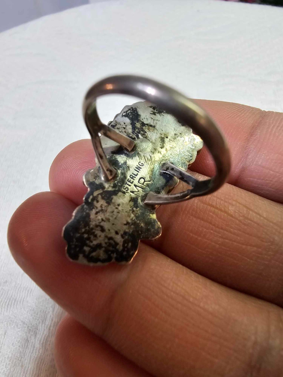 Signed MR Sterling native american navajo Ring Sz 7″ w coral flower leaf -B27