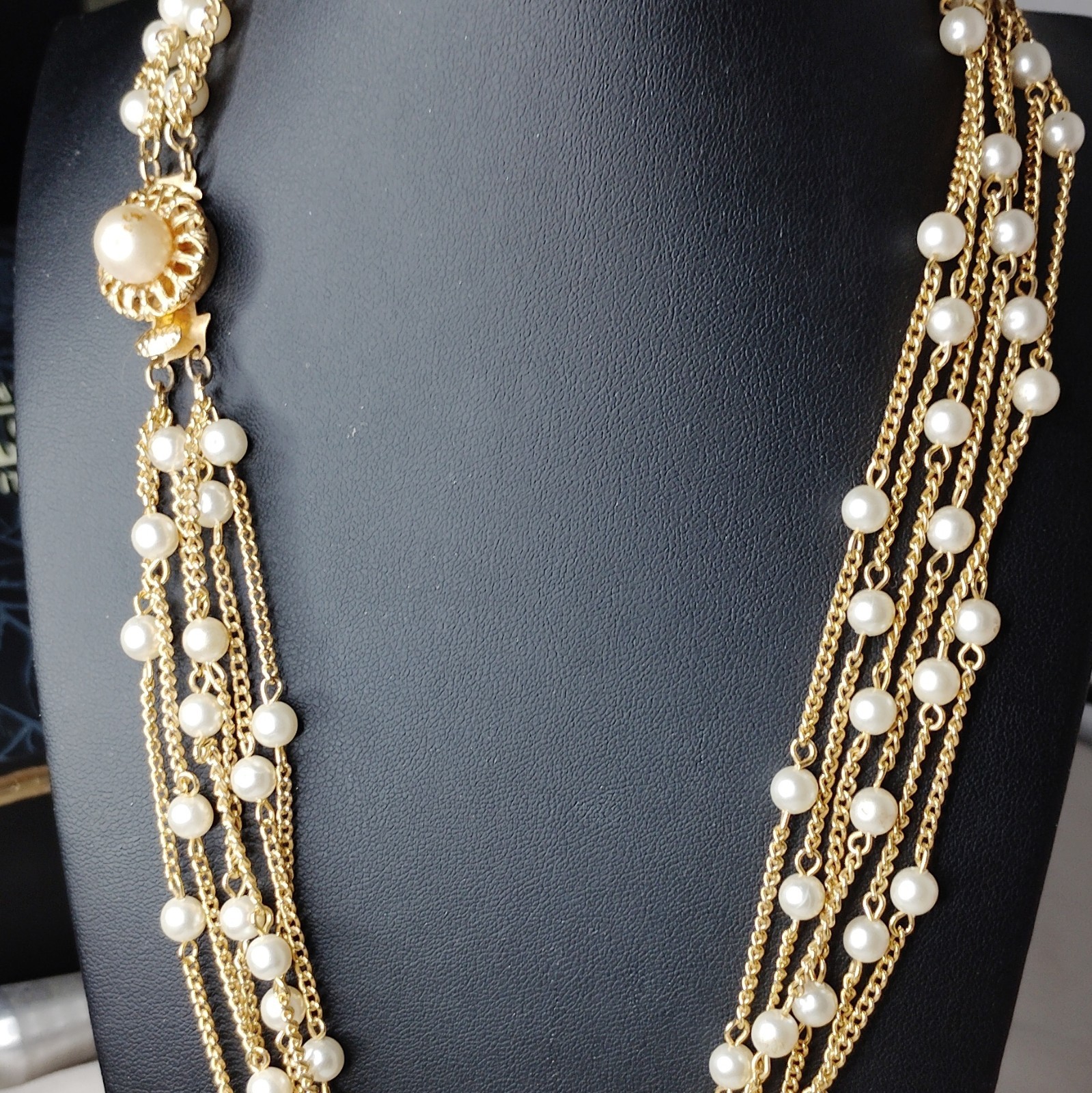 Vintage Gold Tone Multi Strand Faux Pearl Station Necklace