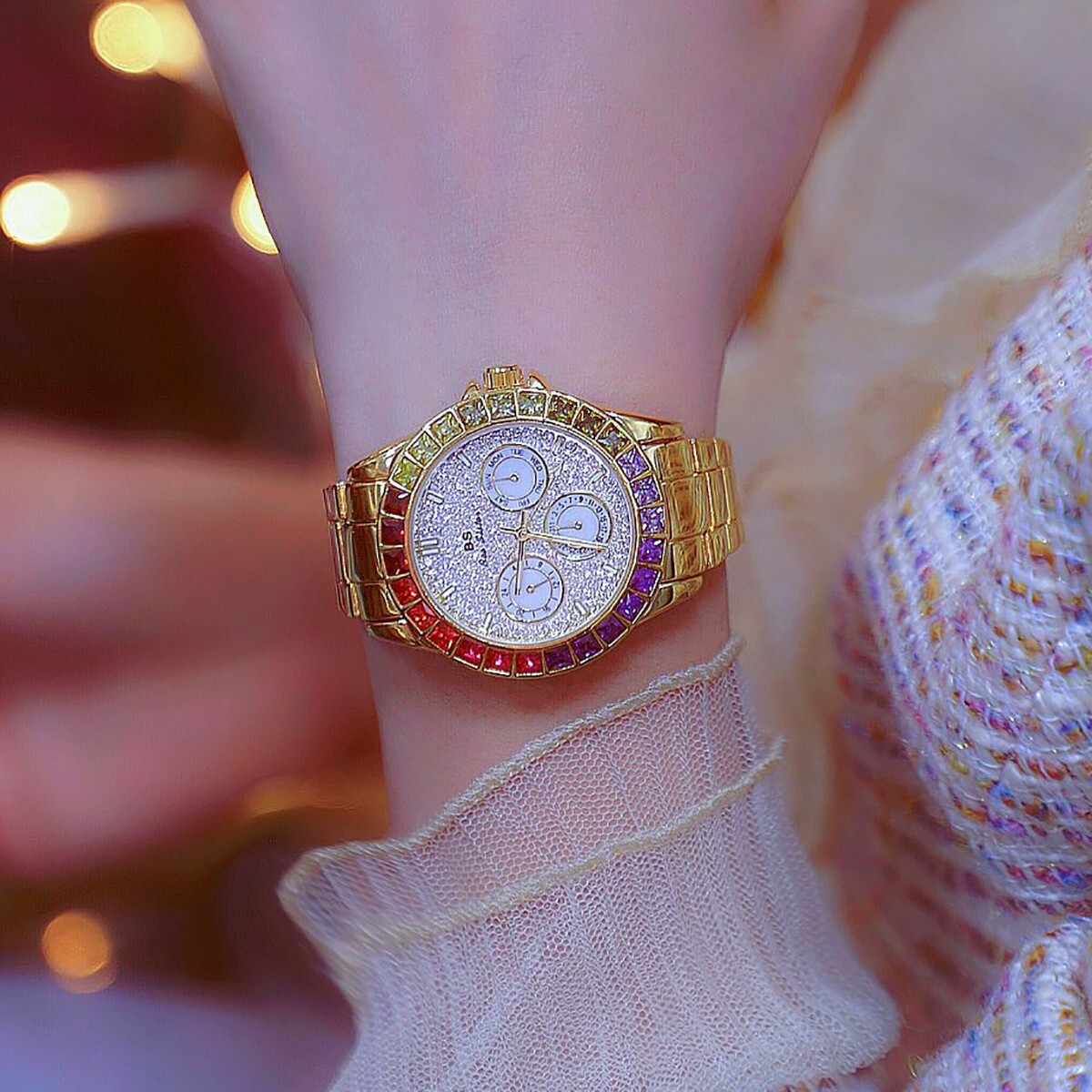 Rainbow Crystal Bezel Women Watch Gold Tone Colored Gems Women’s Wrist Watch