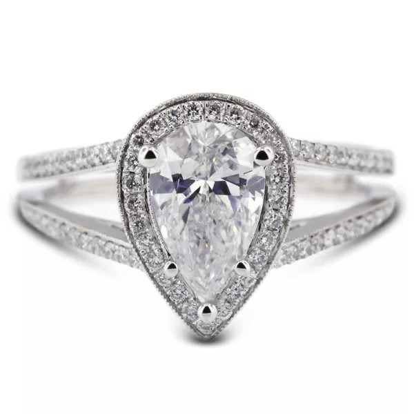 Side Stone Engagement Ring 18K Gold Halo 1.80 Carat Pear Lab-Grown Diamond E SI1