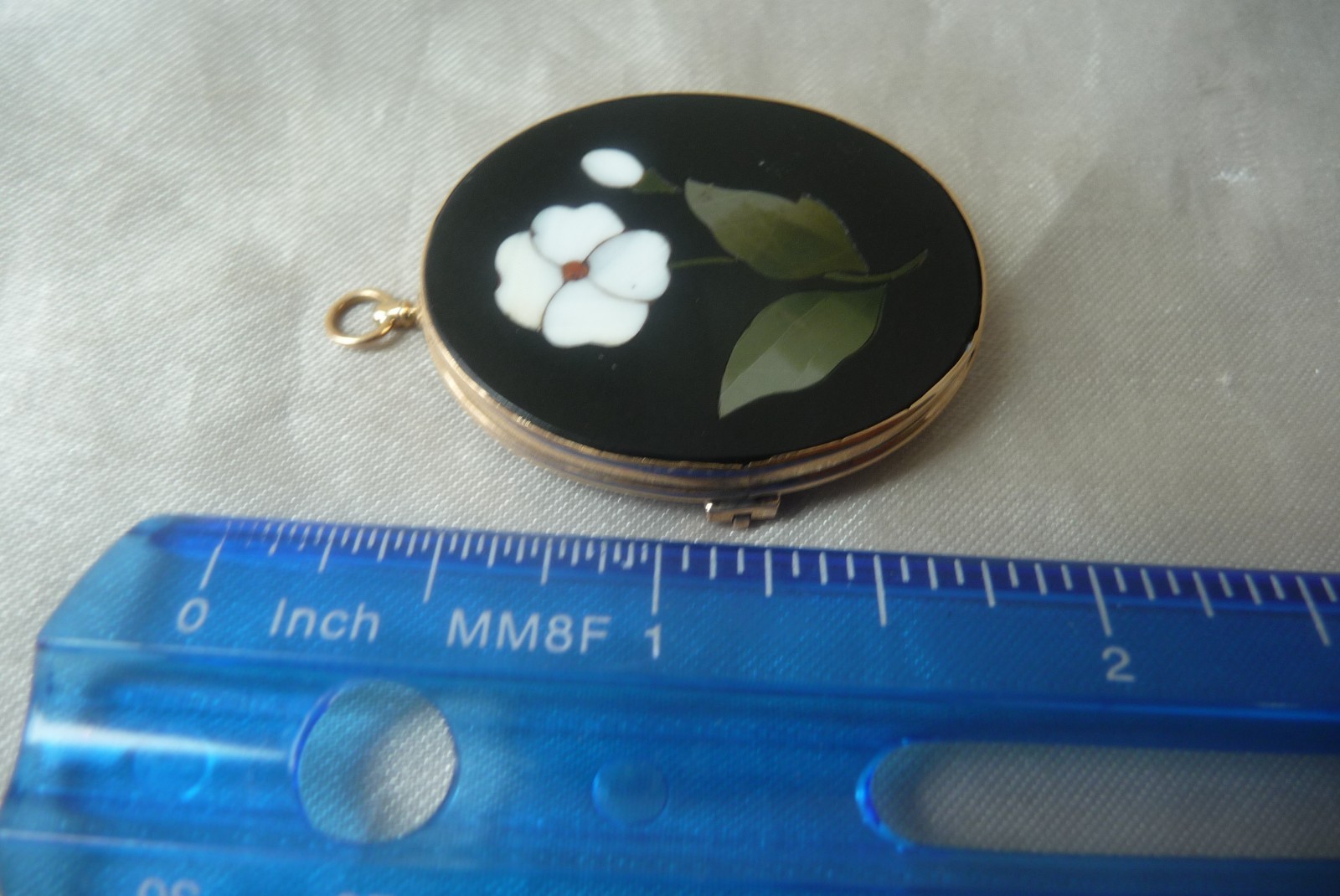 GORGEOUS ANTIQUE 10K PIETRA DURA MOSAIC GEMSTONE FLORAL MOURNING PIN PENDANT!