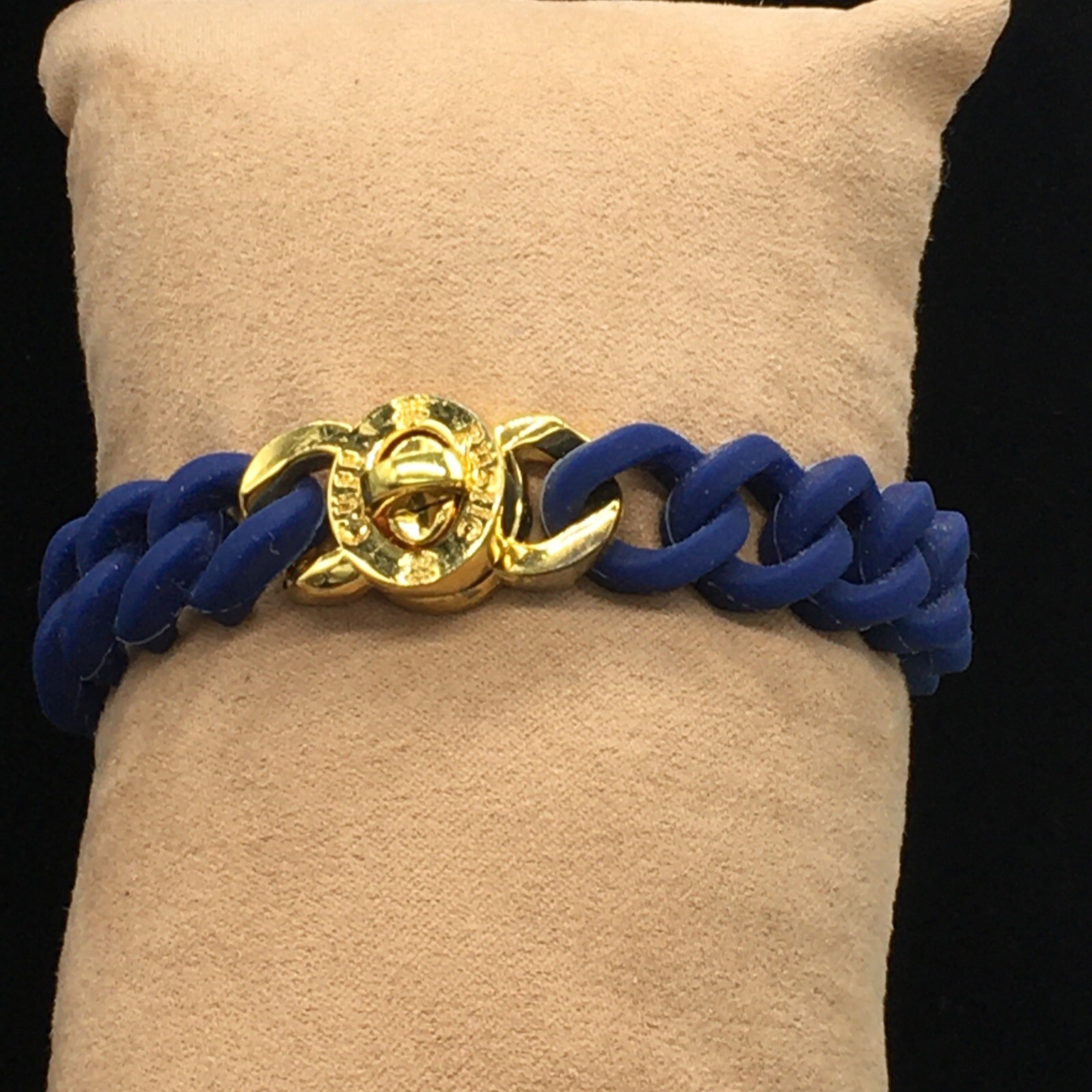 Rustic Cuff Gold Tone Turn Lock Navy Blue Silicone Stretch Mock Chain Bracelet