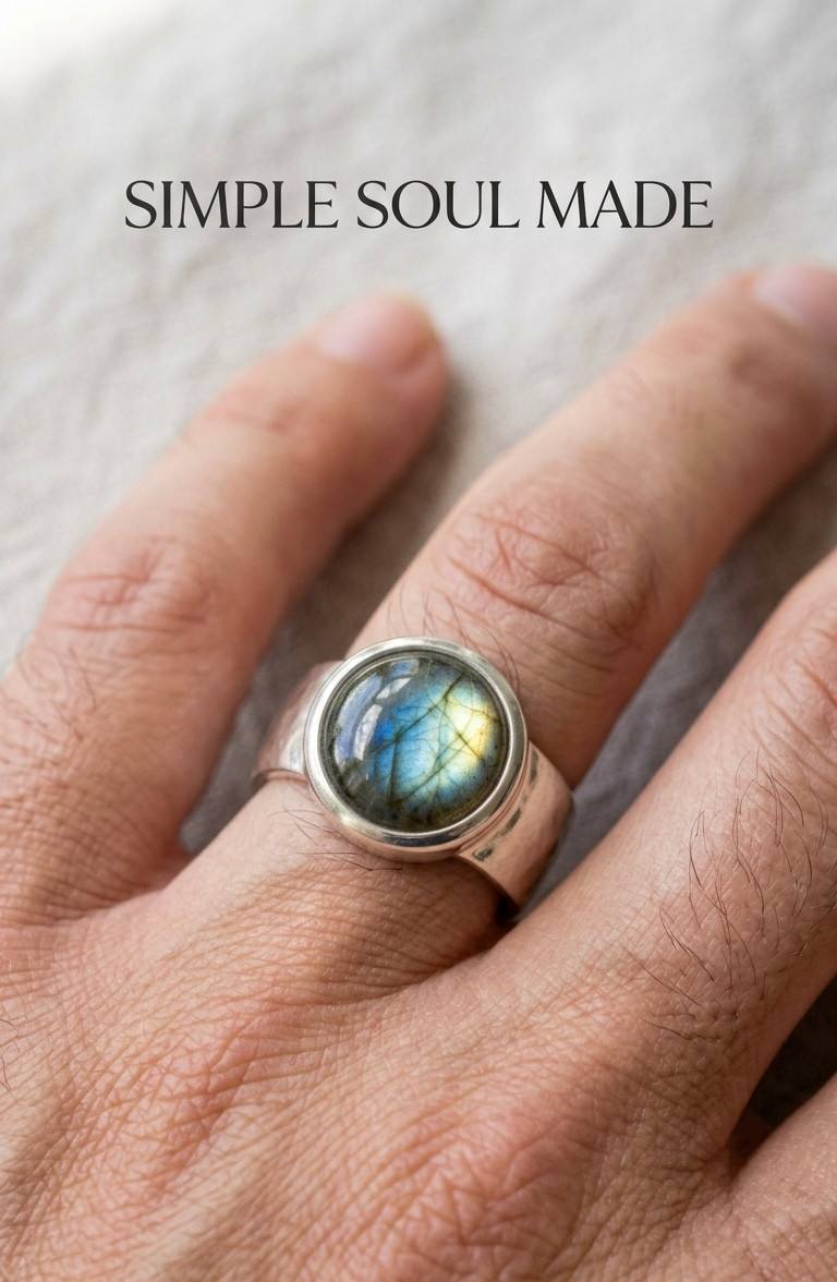 925 Sterling Silver Mens Labradorite Ring Round Bezel Set Wide Band Signet Style