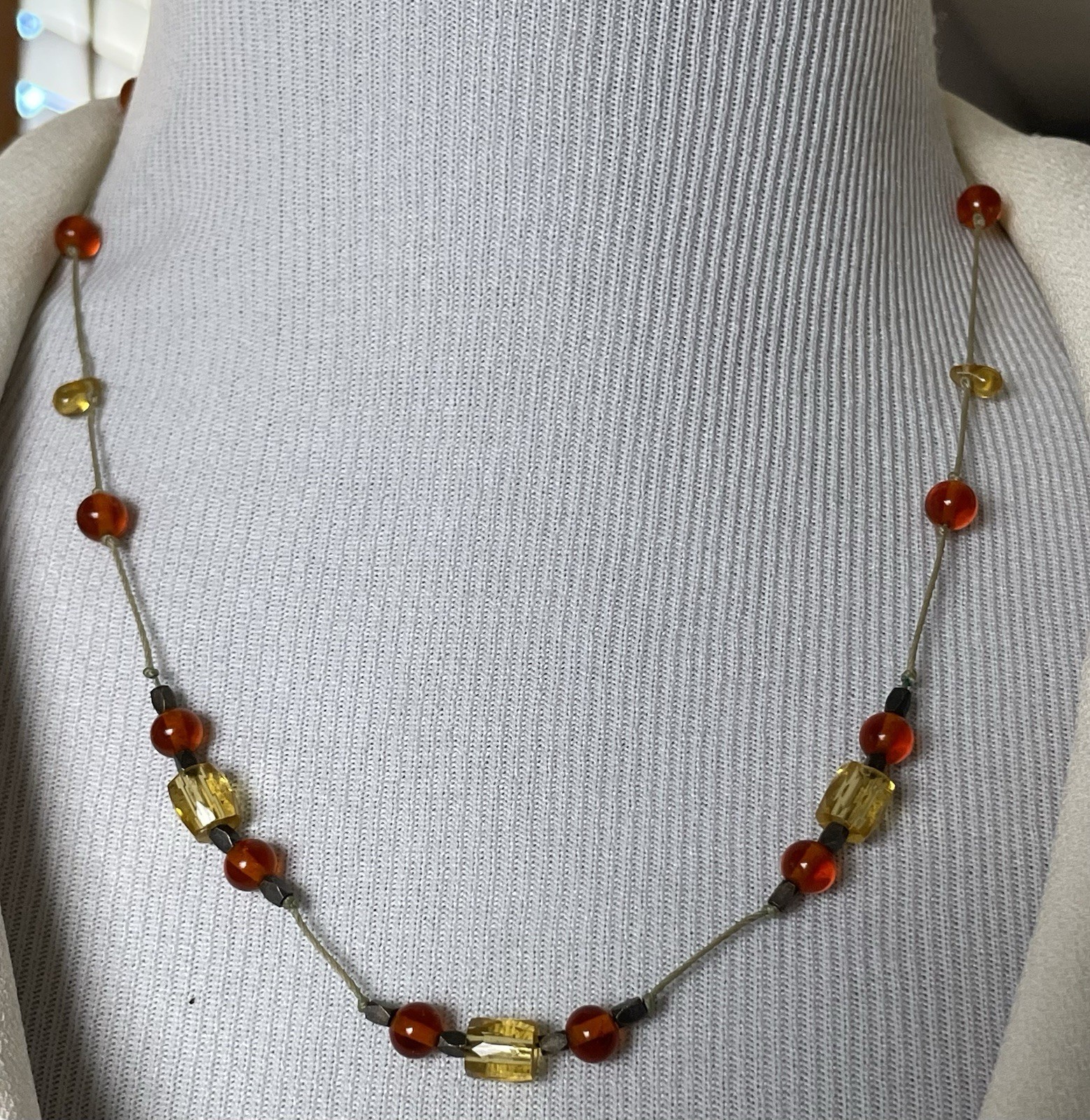 Vtg Amber Citrine Beaded Necklace 19” 925 Sterling Silver Clasp Nylon Cord 12.8g