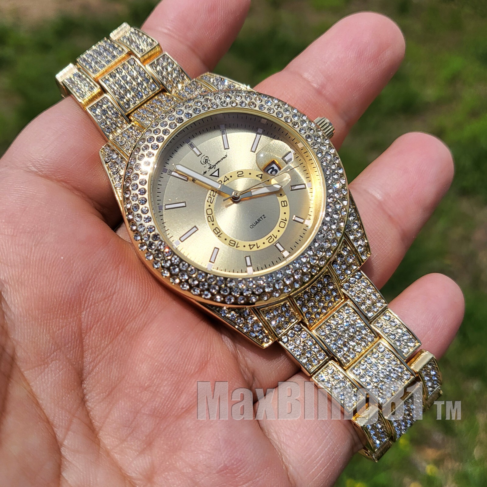 Men Hip Hop Style Iced Bling Gold PT Rapper’s Lab Diamond Date Metal Bling Watch
