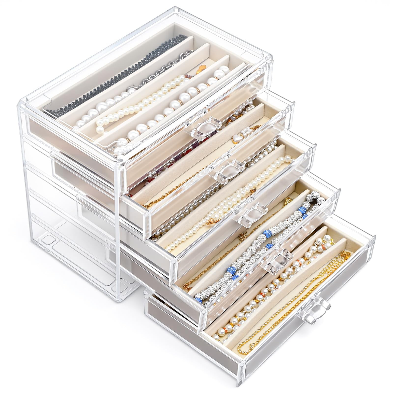 kenaeooe 5 Drawer Acrylic Necklace Holder Organizer, Clear Transparent