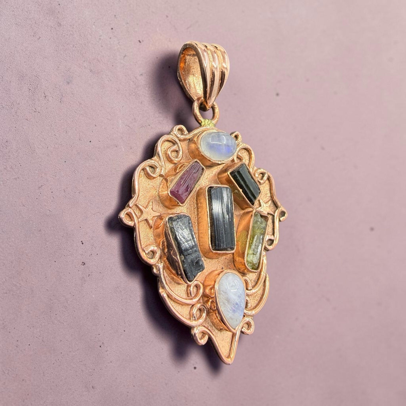 Multicolor Tourmaline Moonstone Copper Shield Pendant Handmade Pink Green Black