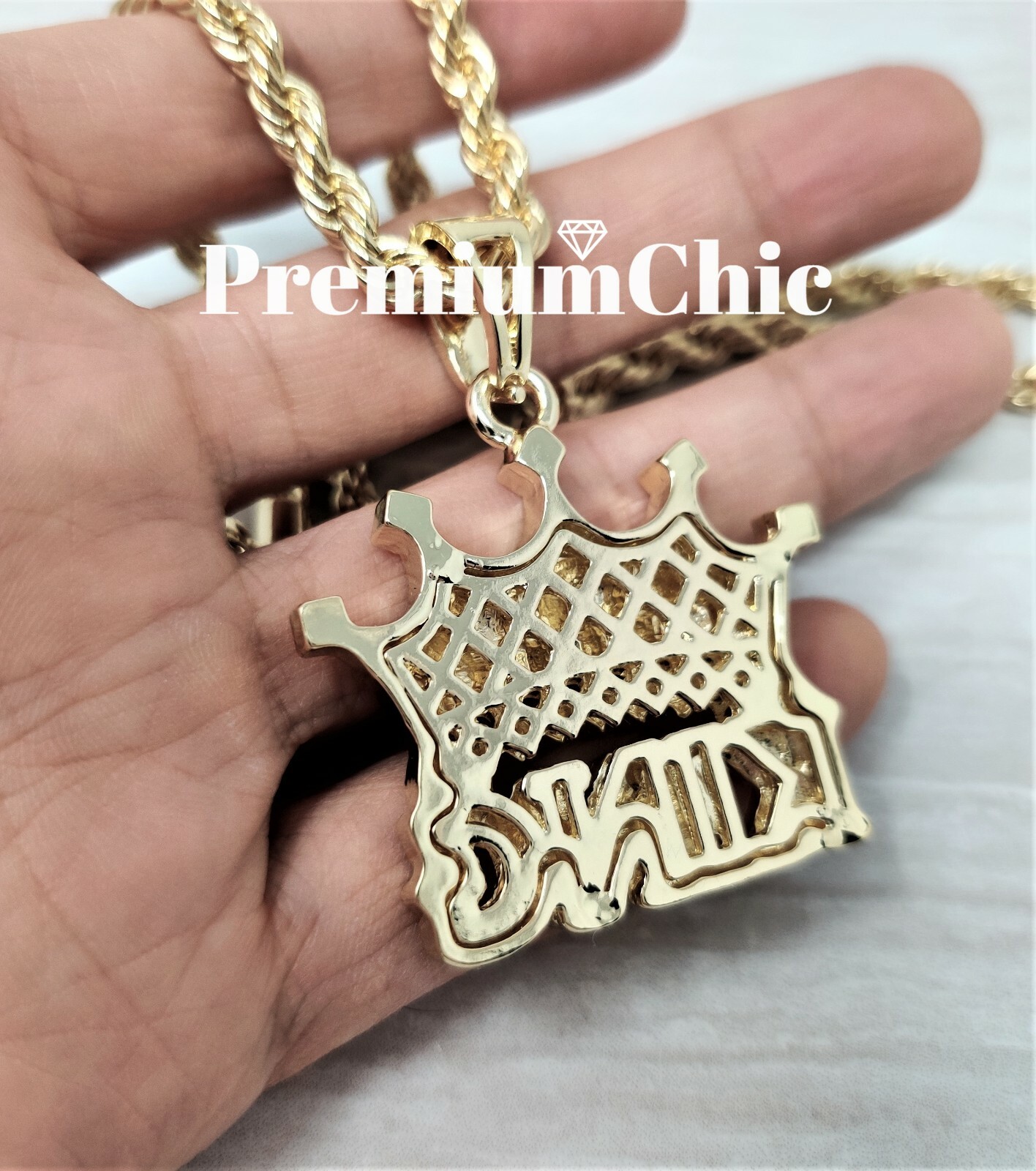 ICED Crowned King Pendant Necklace Choker with Rope Chain Mens Plated CZ Jewelry