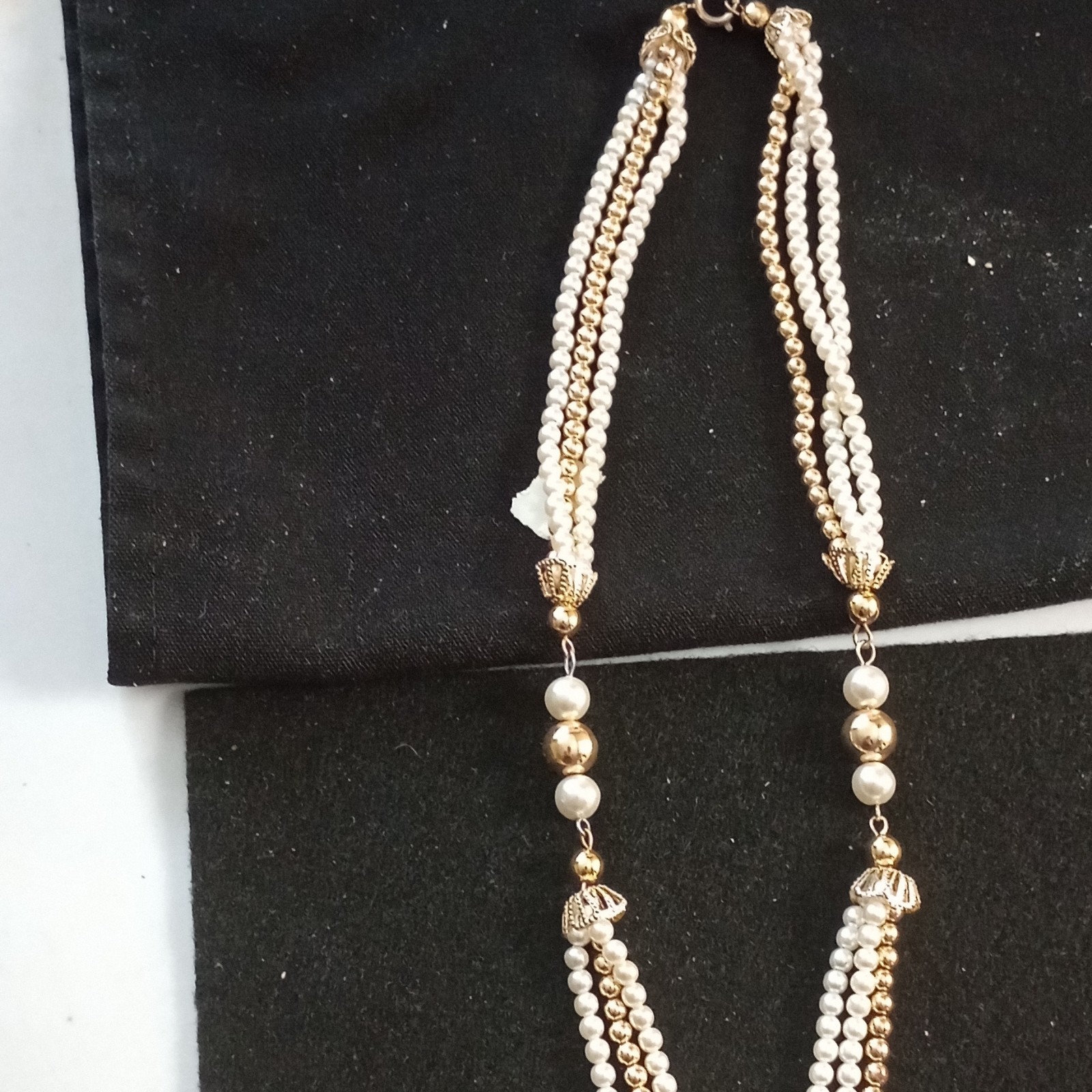 Vintage Faux Pearl Multi-Strand Beaded Chain Necklace Gold Tone Tassel Pendant