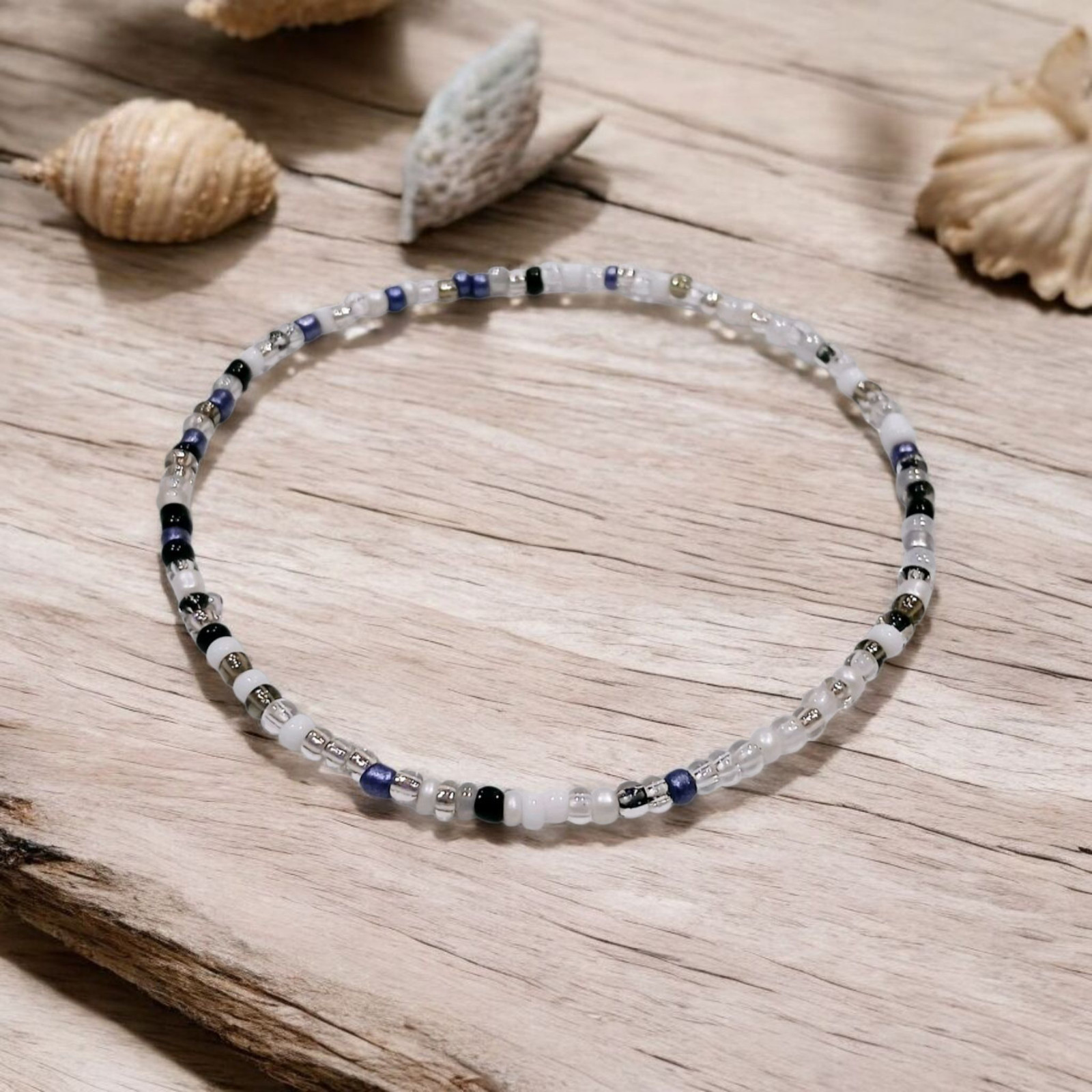 2x BLACK BLUE GREY CLEAR MULTI SEED BEAD STRETCH ANKLET – 24CM