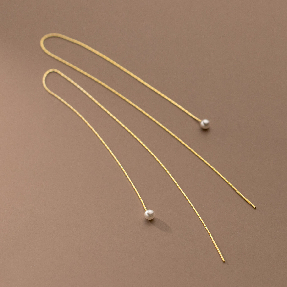 Sterling Silver Imitation Pearls Threader Pull Through Long Chian Earrings A4456