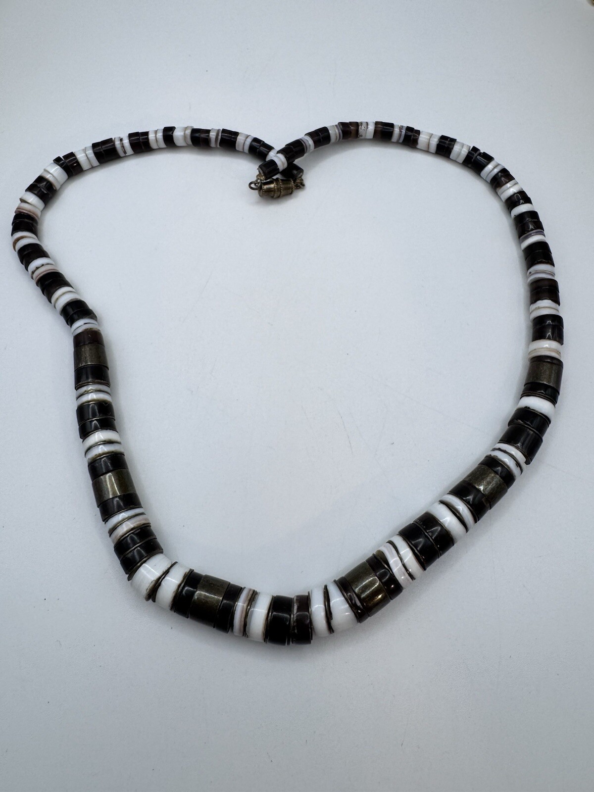 Shell Necklace-18” White, Brown & Black Beads Barrel Closure Boho