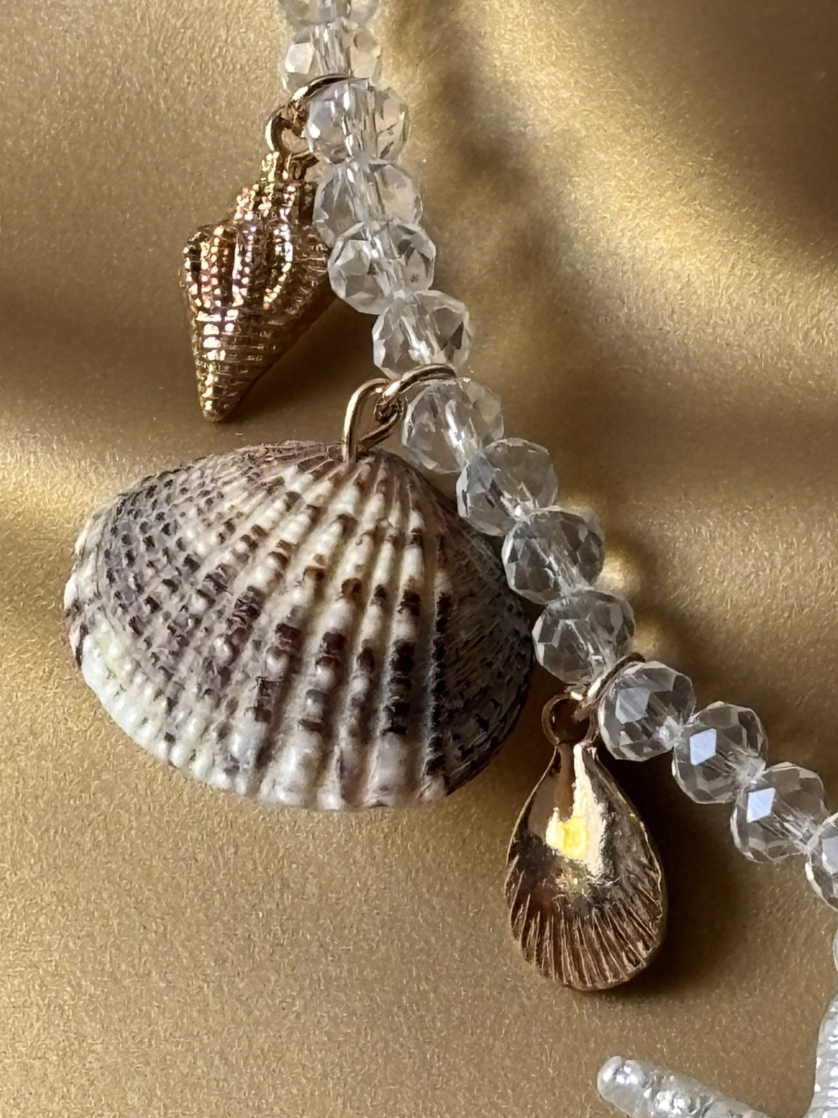Sparkly Clear Beaded Gold Boho Beach Theme Necklace – Shells Starfish Faux Pearl