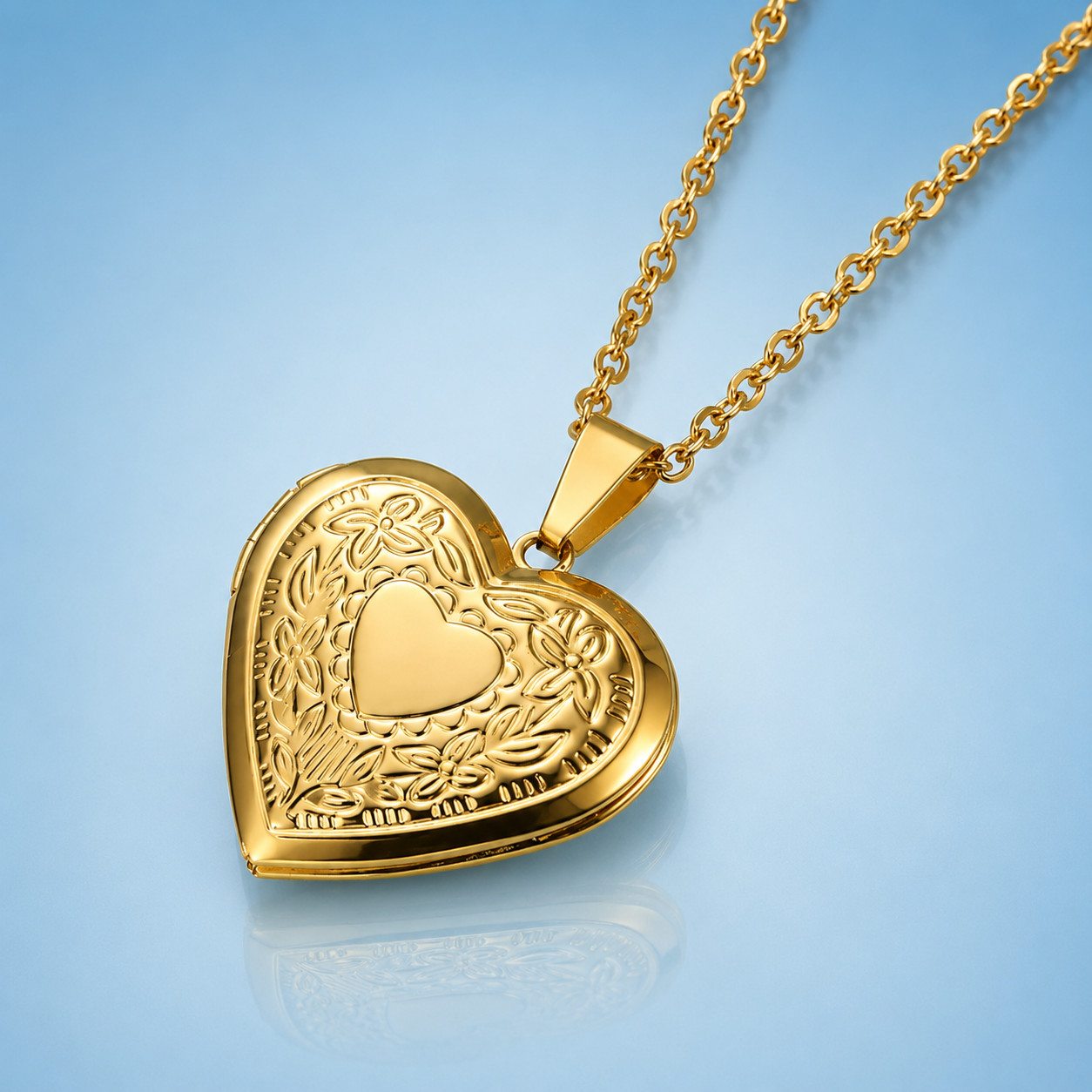 Stainless Steel Heart Shaped Locket Pendant Necklace Floral Engraved Gold Finish
