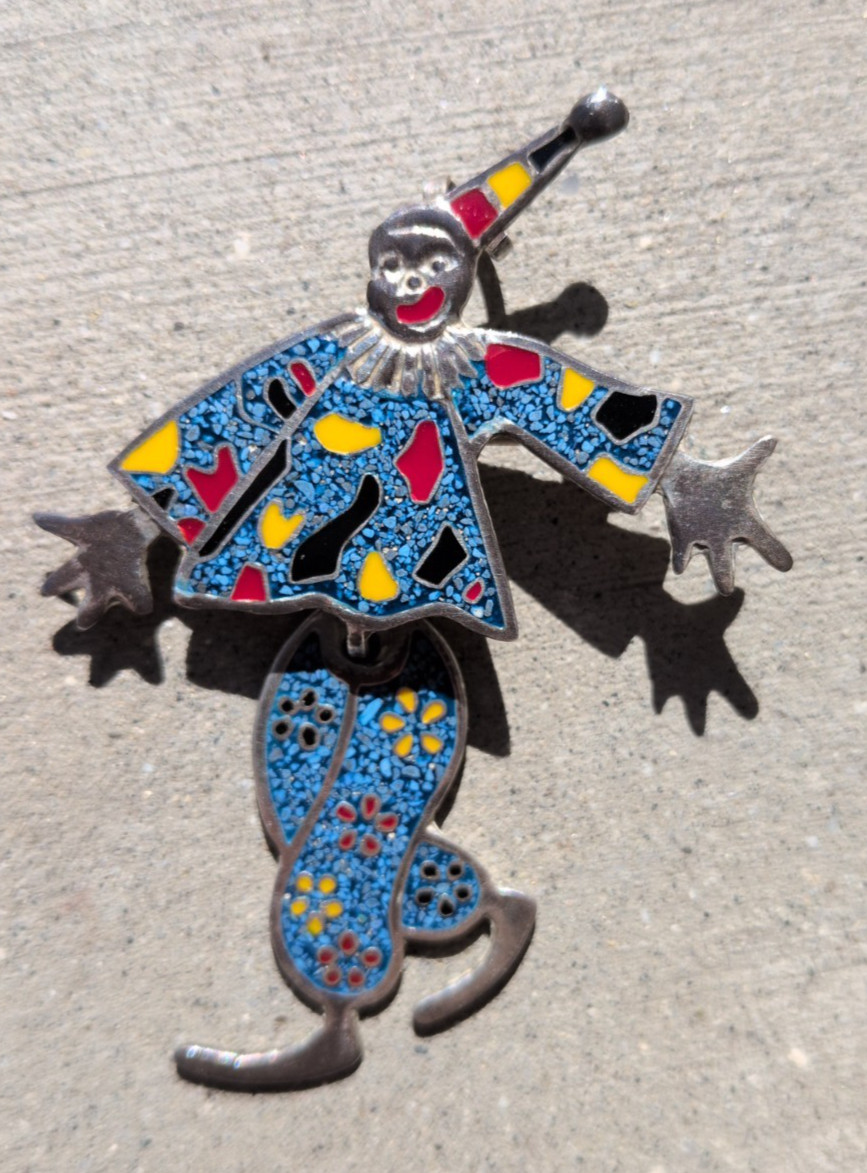 Sterling Silver 925 Mexico Enamel Clown Brooch Pin Pendant 67x48mm