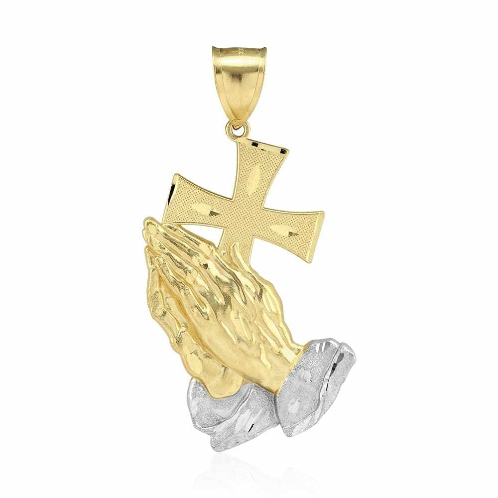 10k Yellow Gold Diamond Cut Cross Praying Hands Religious Charm Pendant