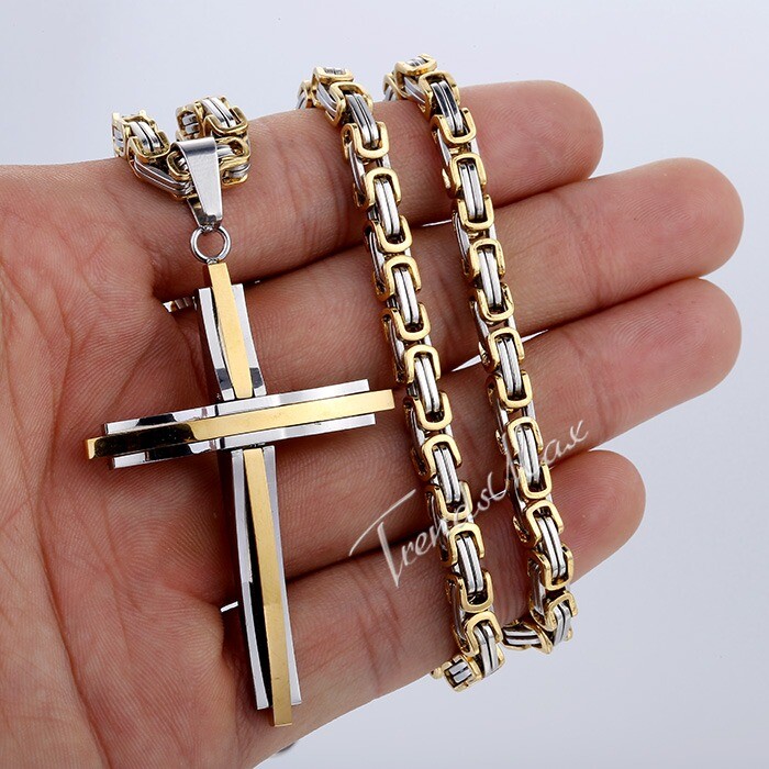 Mens Silver/Gold Plated Cross Pendant Necklace Stainless Steel Byzantine Chain