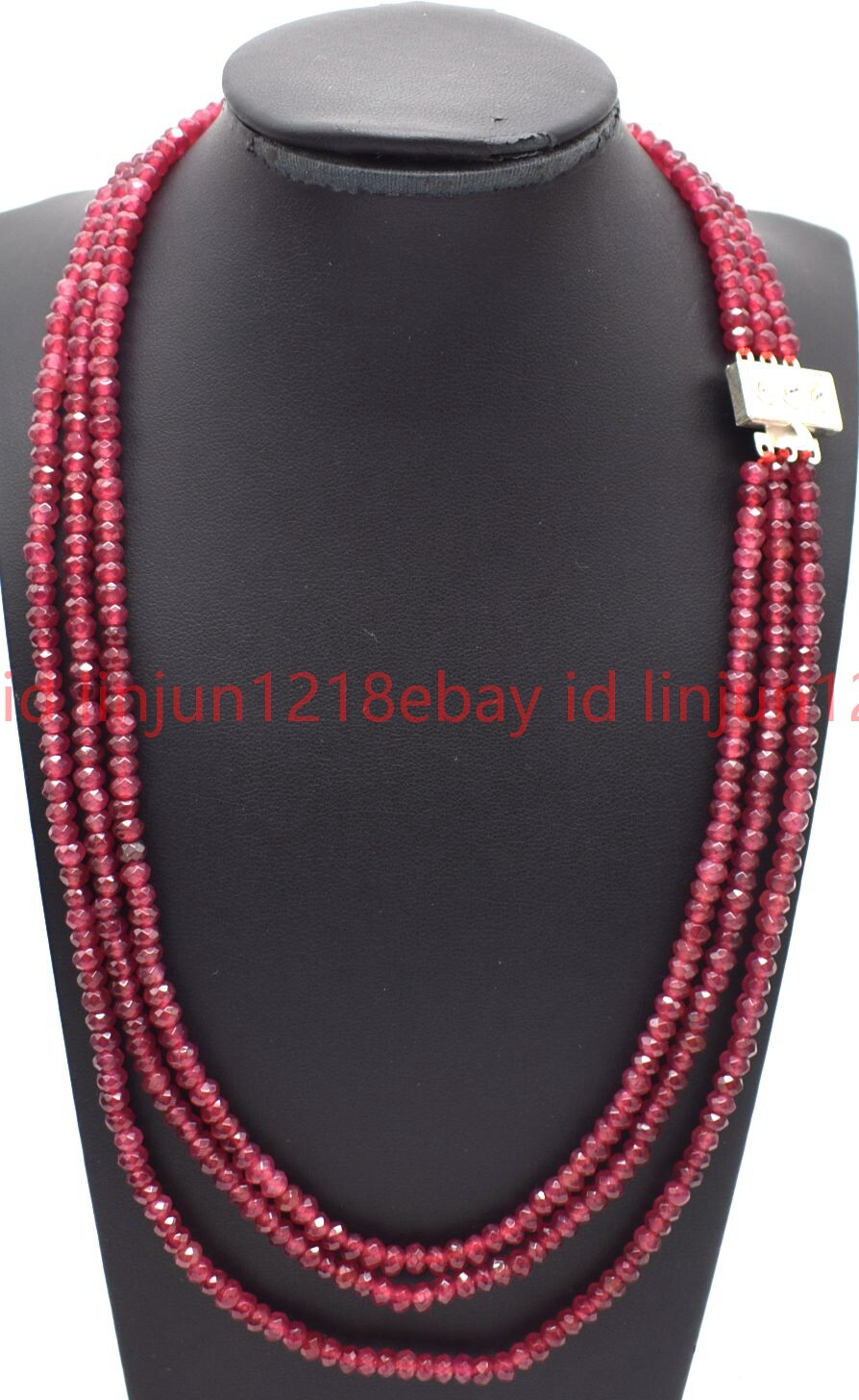3 Row Natural 2x4mm Faceted Red Jade Rondelle Gemstone Beaded Necklace 17-19in