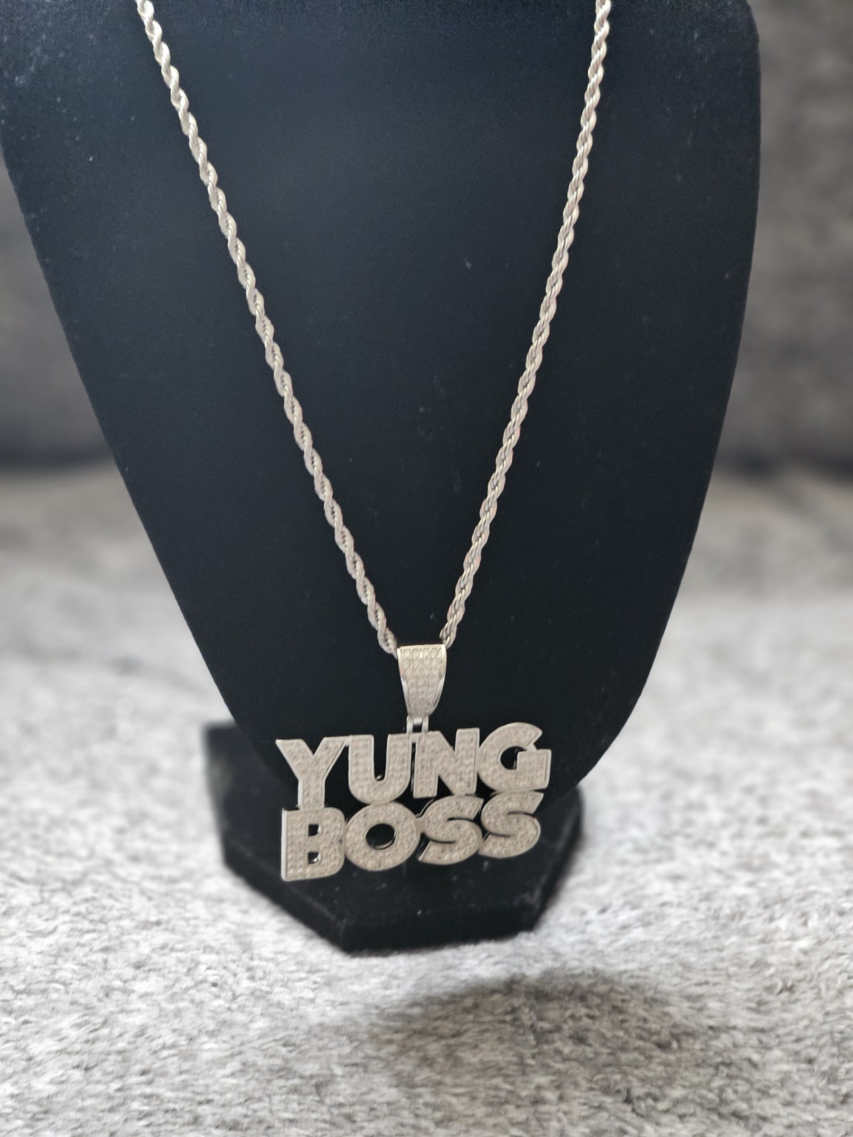 Silver Plated Rope Chain Necklace w/ Clear Crystal Pavé YUNG BOSS Text Pendant