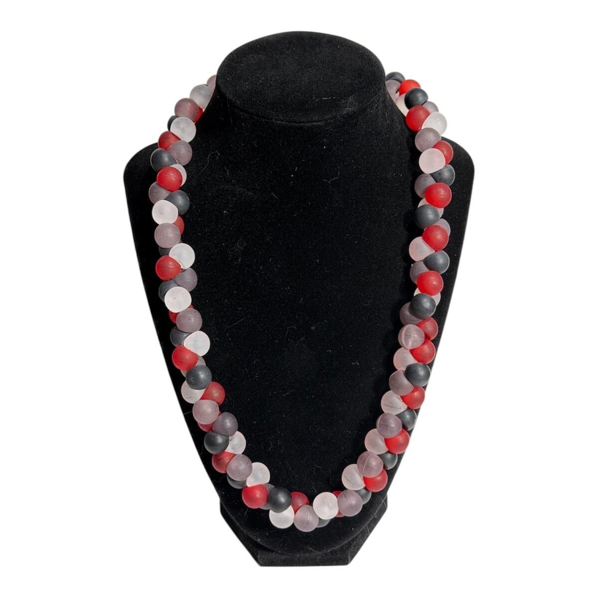 Frosted Matte Bubble Beaded Necklace Red Black Gray 22 inch