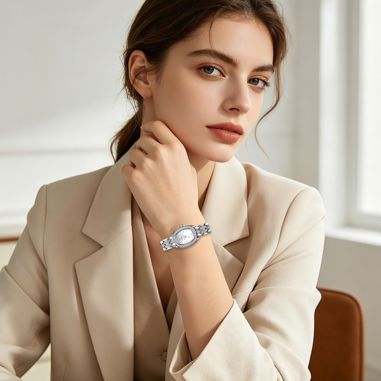 Womens Casual Two-color Stailess Steel Strap Tonneau Dial Wrist Watch Detachable