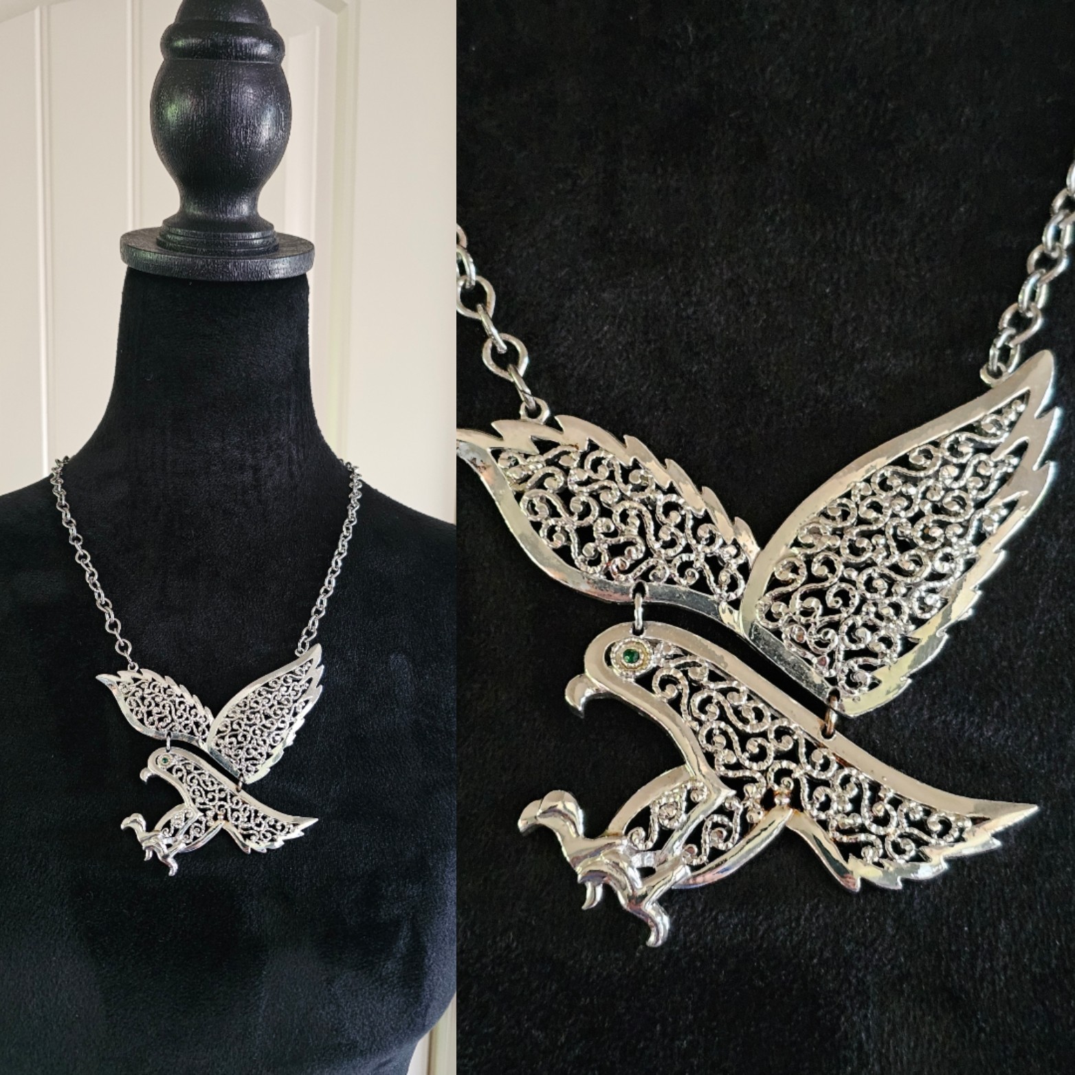 Vintage Gold Crown Signed Silvertone Eagle Statement Necklace Emerald Green Eye