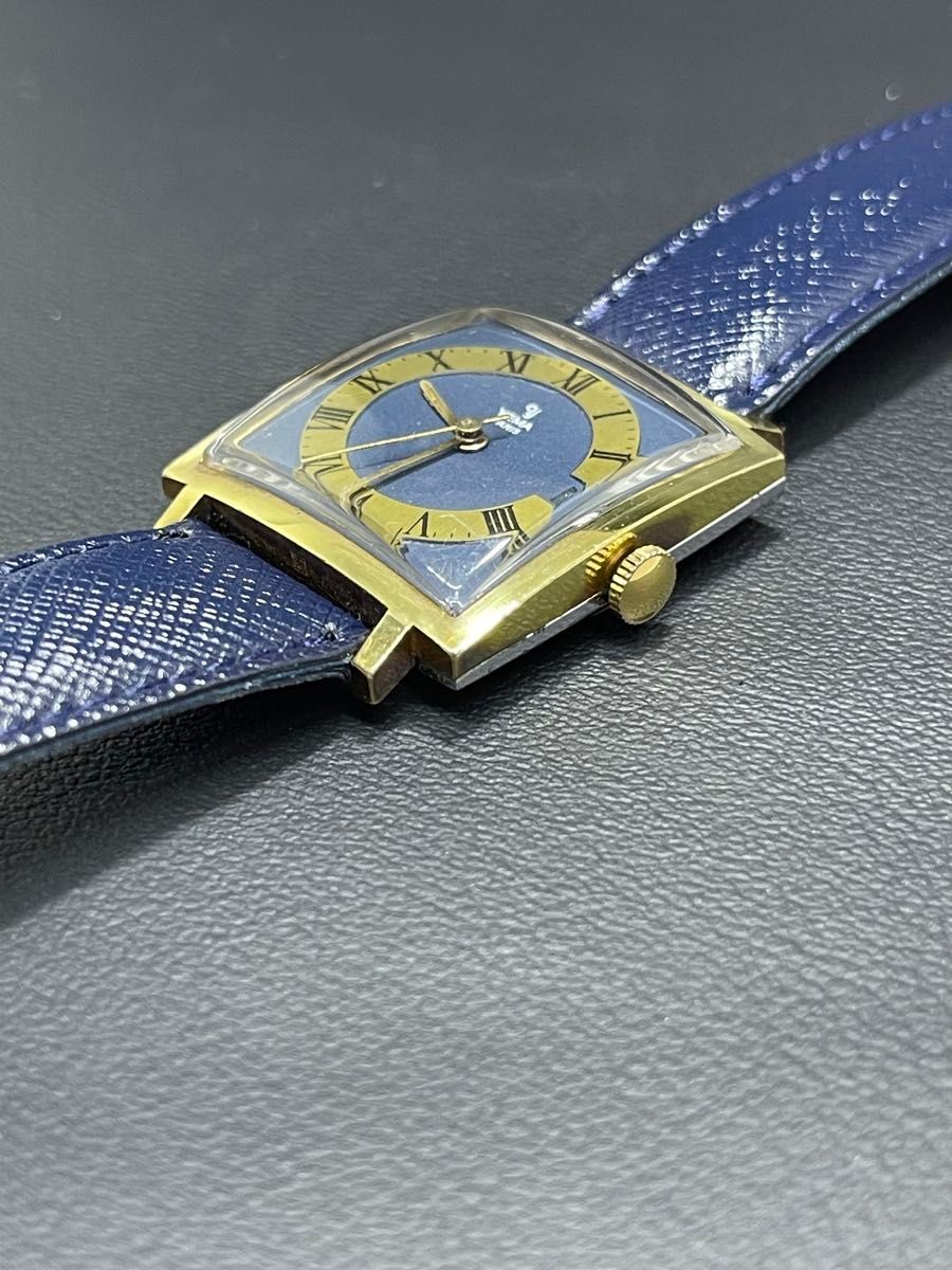 Rare YEMA PARIS Vintage Square Manual Wind Watch Blue Dial Date Gold Case