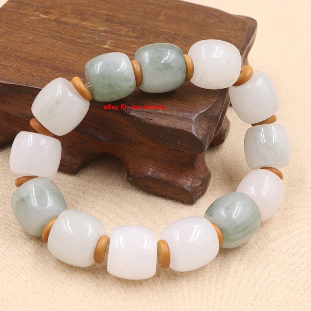 Natural Chinese Jade Stretch Bracelet -14mm Barrel Bead Elastic Bracelet 15-17cm