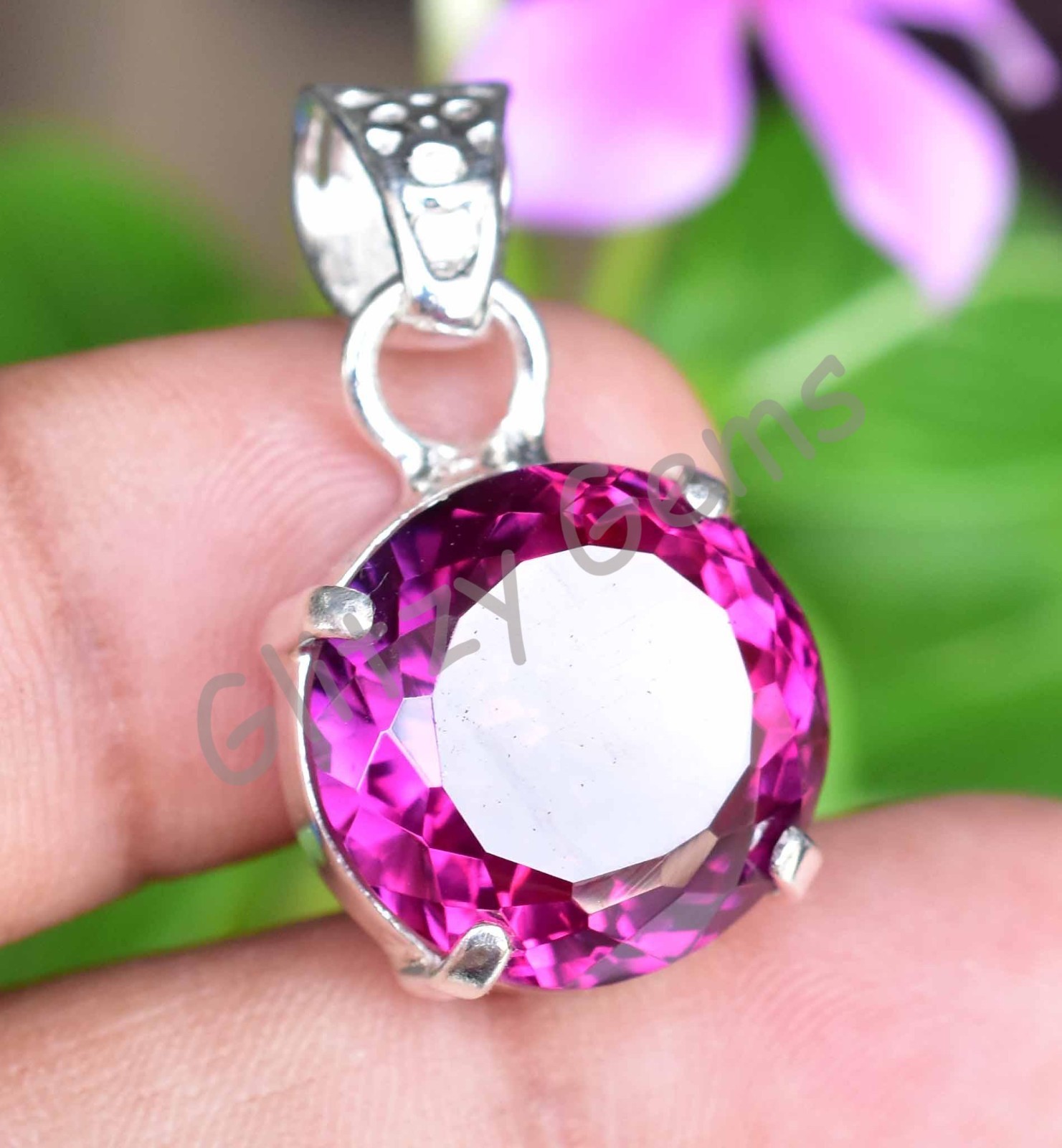 40.55 Ct Natural Rhodolite Garnet Round 925 Sterling Silver Pendant Certified