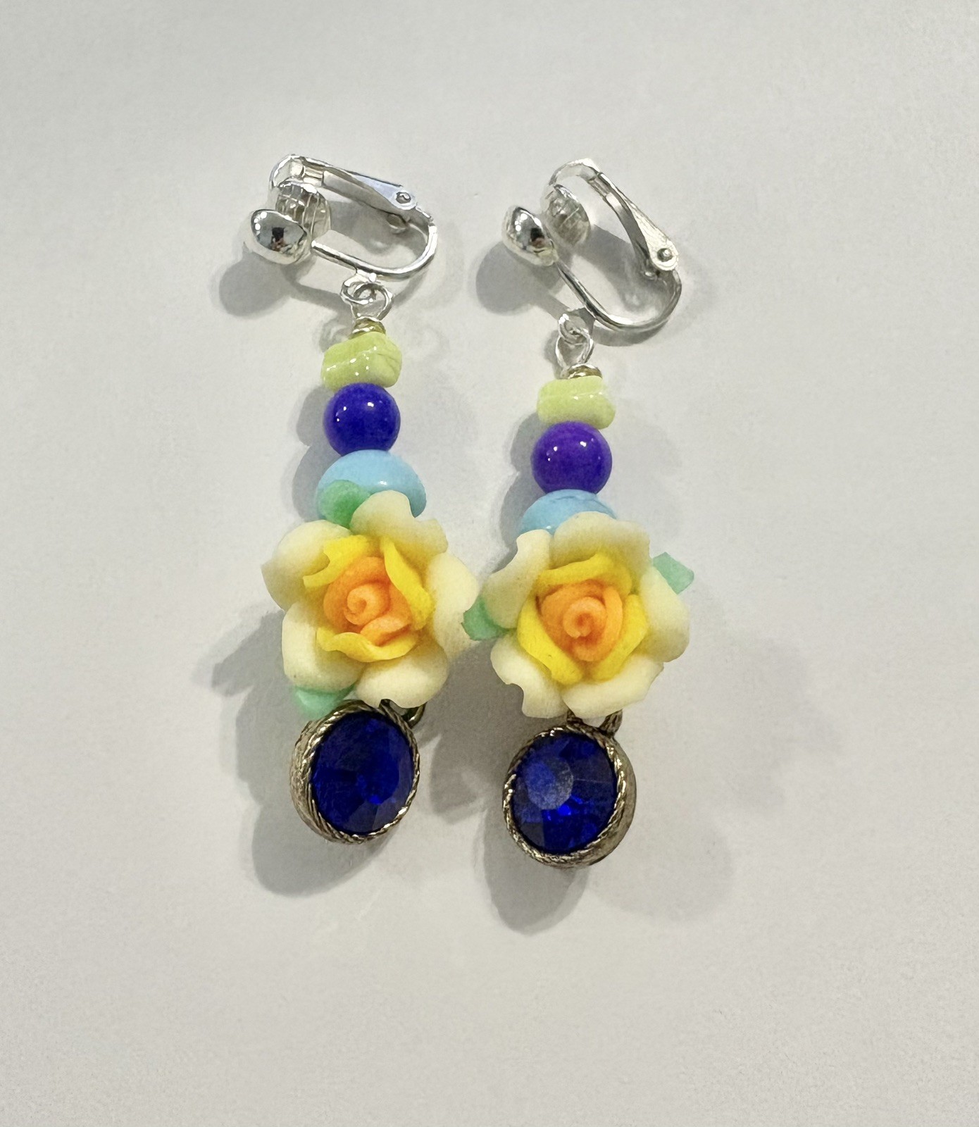 Beaded Blue Yellow Flowers Clip On Earrings Handmade Artisan