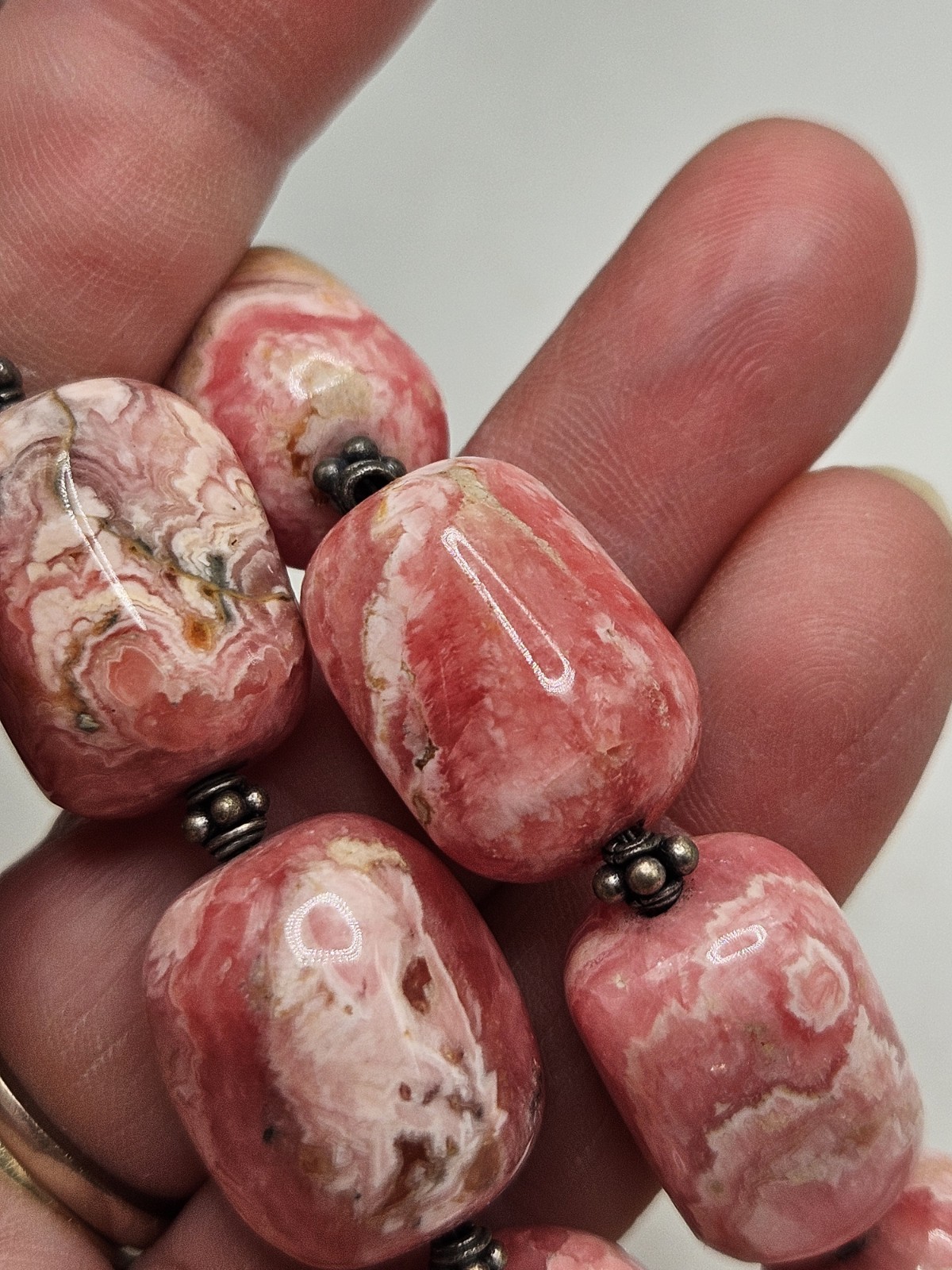 Hand Crafted Rhodochrosite Chunky Beaded Statement Necklace W/ Sterling…