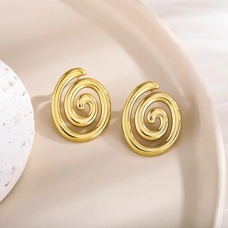 18K Gold Plated Spiral Stud Earrings Women Bold Modern Swirl Stainless Steel
