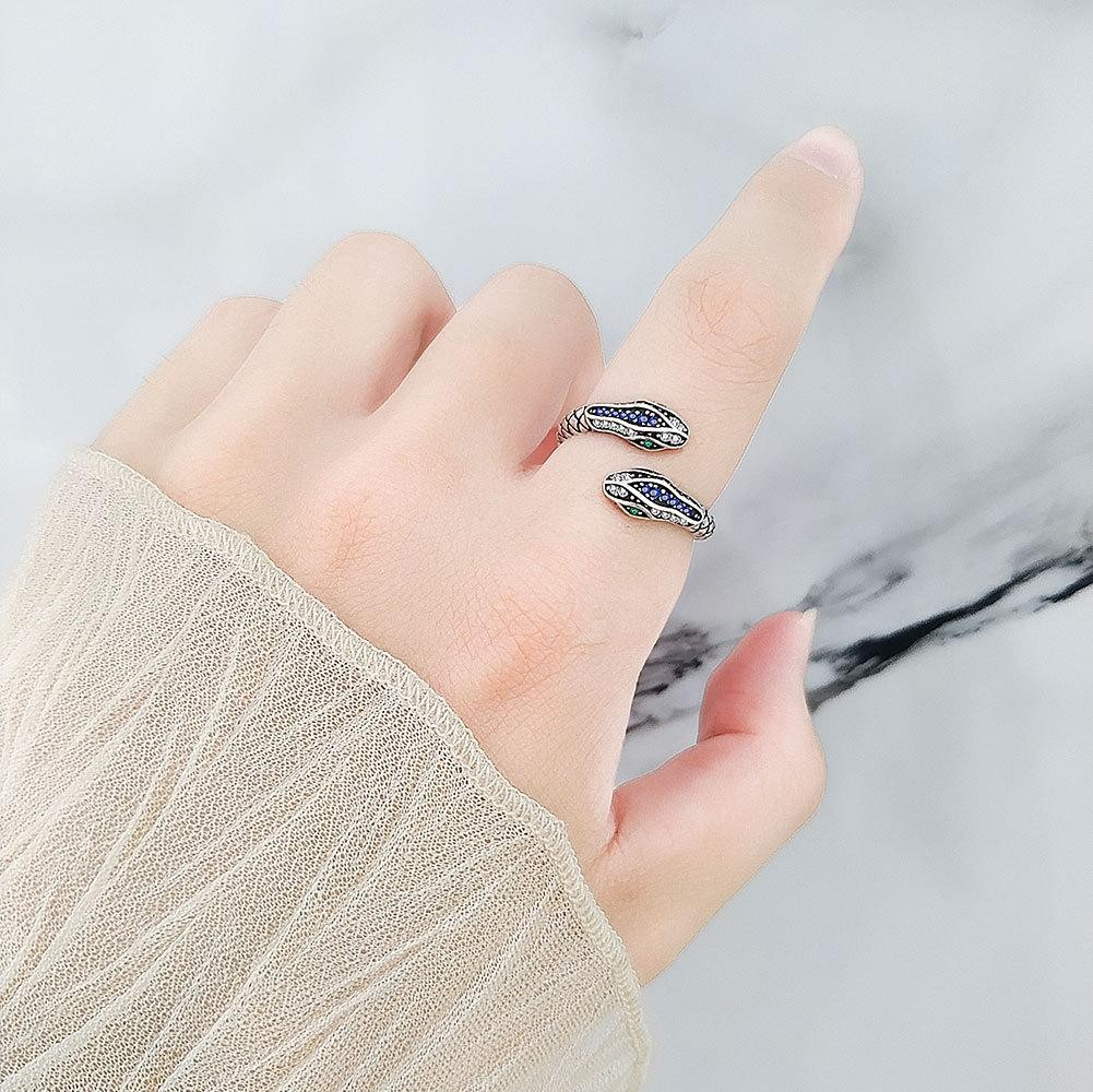 925 Sterling Silver Adjustable Snake Ring Green Eye Cz Open Retro Women Gift