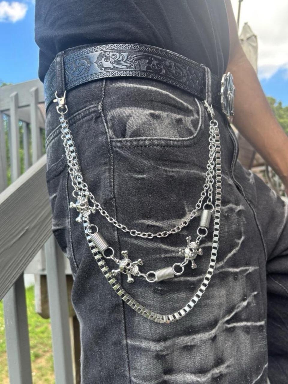 Punk Y2K Silver triple layered Skull biker  chain Waist Chain Grunge boho emo