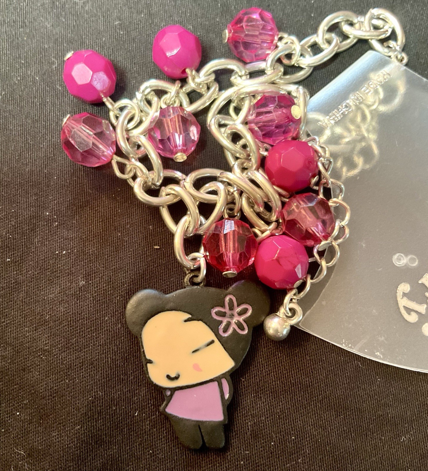 Pucca Anime Charm Bracelet Silver Tone Pink Faceted Beads Adjustable NEW Kawaii