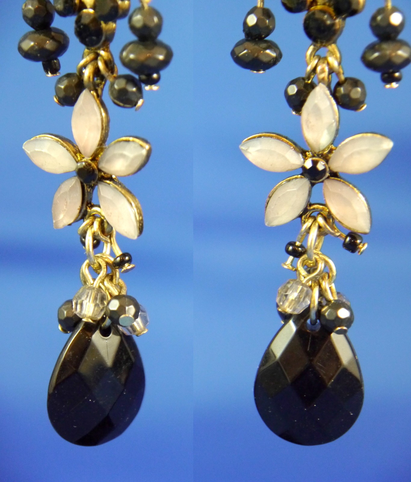 Victorian Boho Mix Faceted Glass, Plastic Metal Dangle Post Earrings 3.25″ Drop