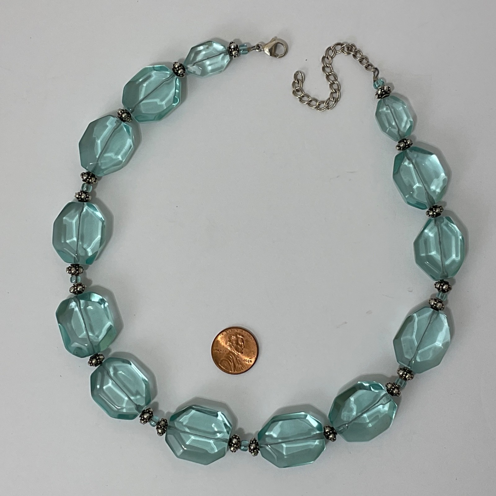 Vtg Aquamarine Glass Faceted Nuggets & Sterling Silver Beaded Necklace Adjusts