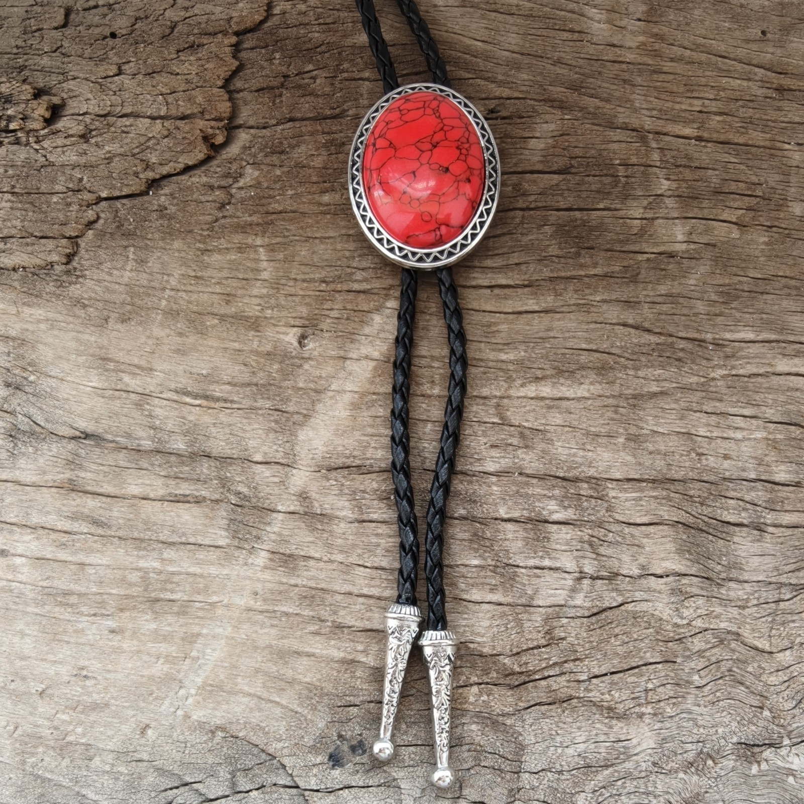 Giant Red Granite Bola Bolo Tie Wedding Necklace PU Leather Rope Western Cowboy