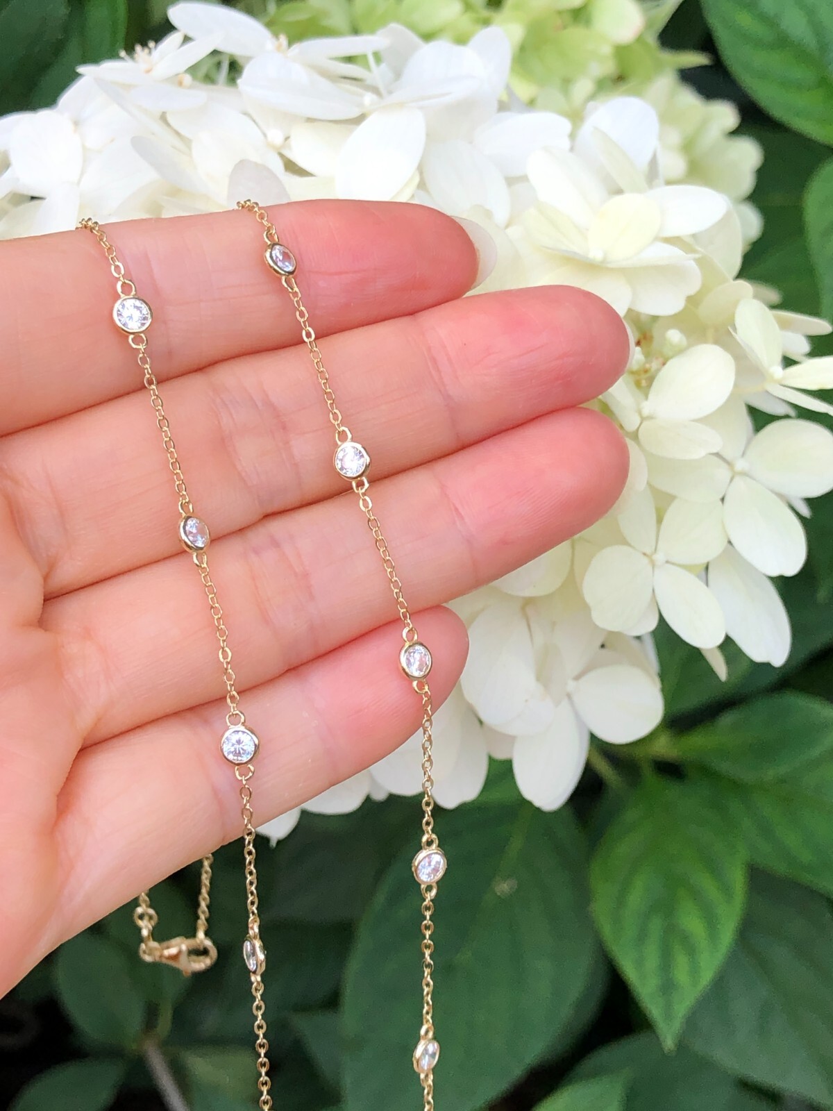 925 Sterling Silver Gold By the Yard Station Necklace Bezel CZ 18 3.5mm 18″