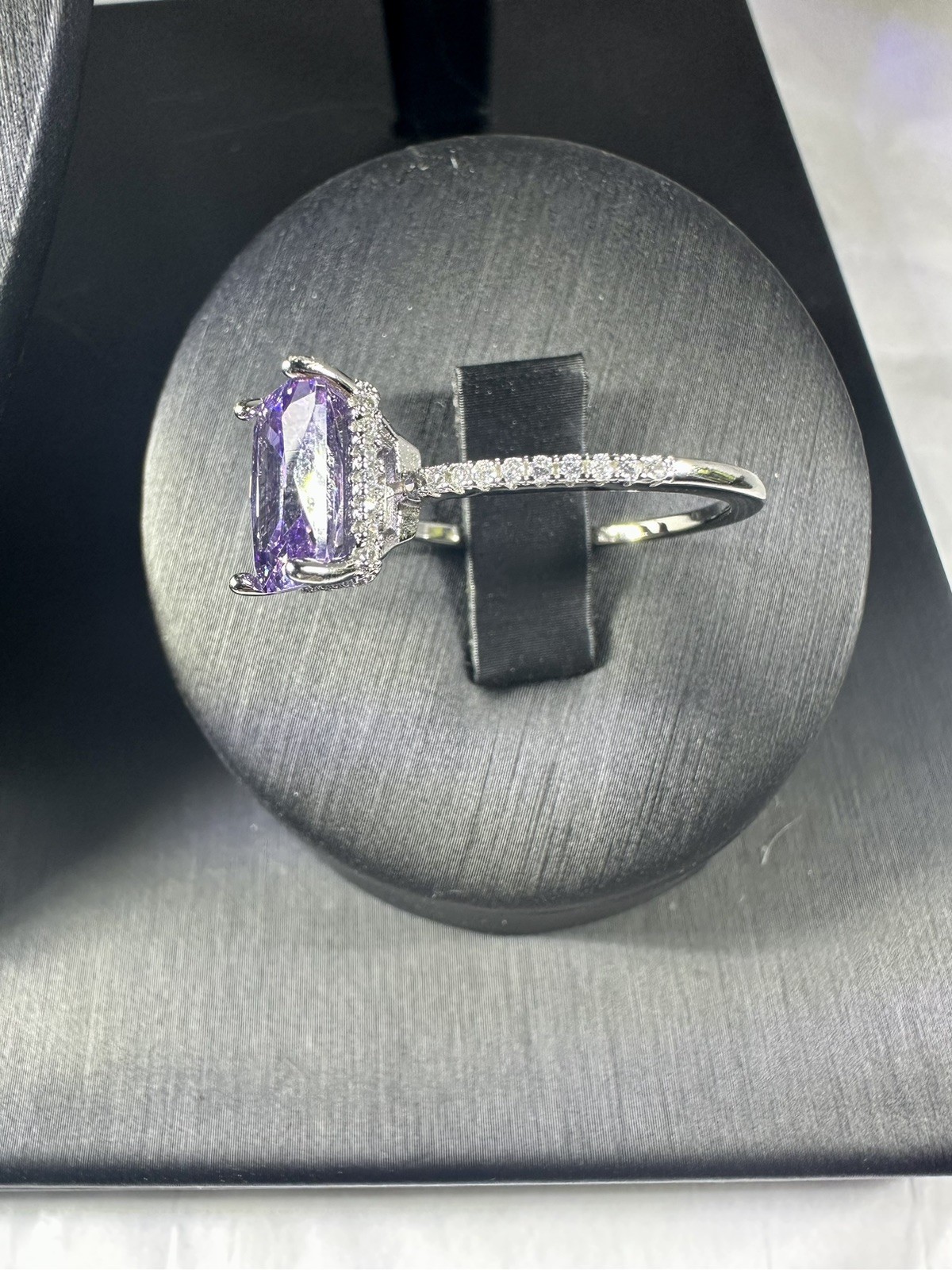 New W/ Certificate 4ct Lavender Radiant Lab Gem Ring,Moissanite Halo, S925 Sz. 8